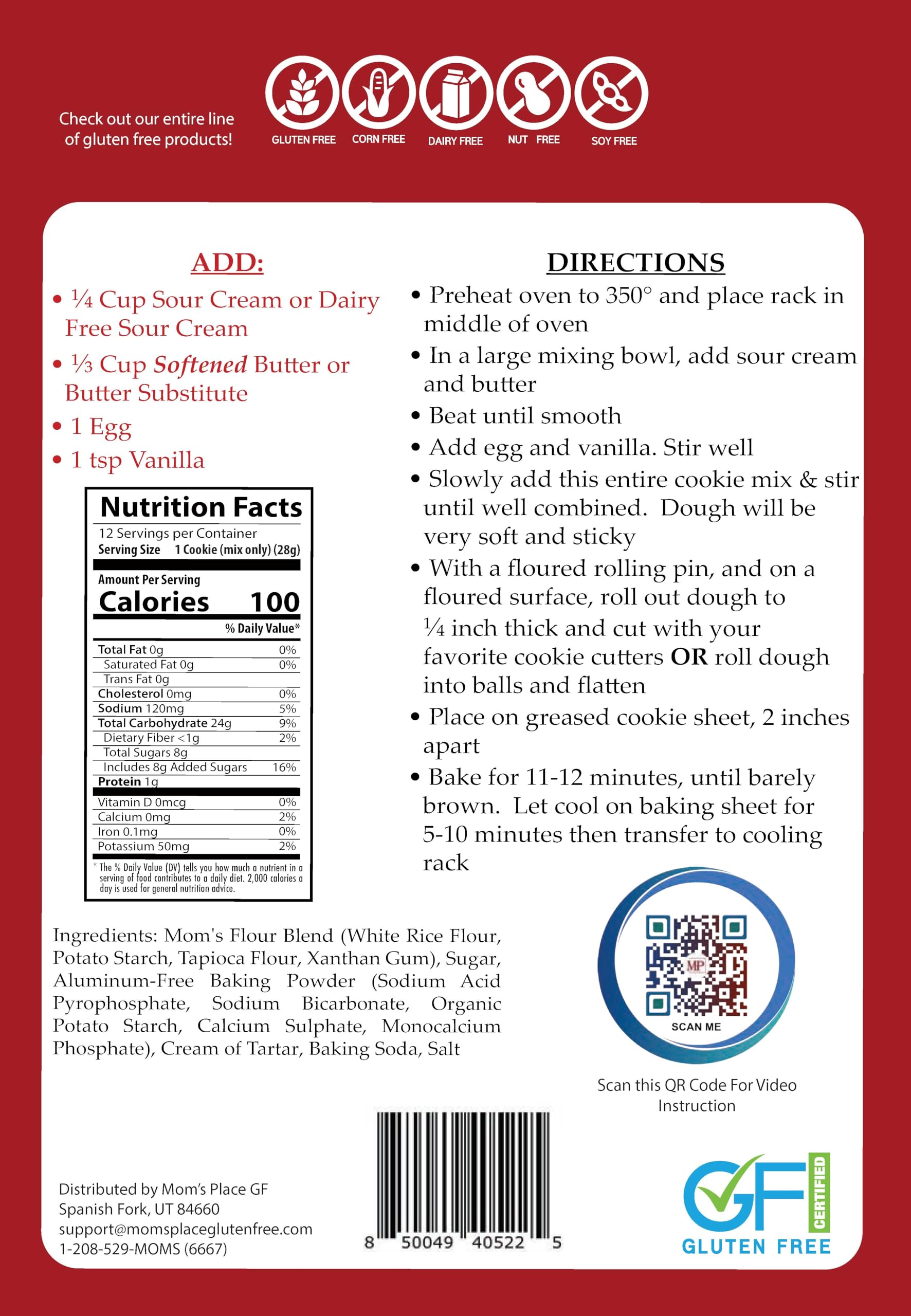 Mom's Place Gluten-Free Sugar Cookie Mix, Dessert Baking, Easy to Make, Nut, Dairy & Soy Free, 12 Servings, 11.3 oz