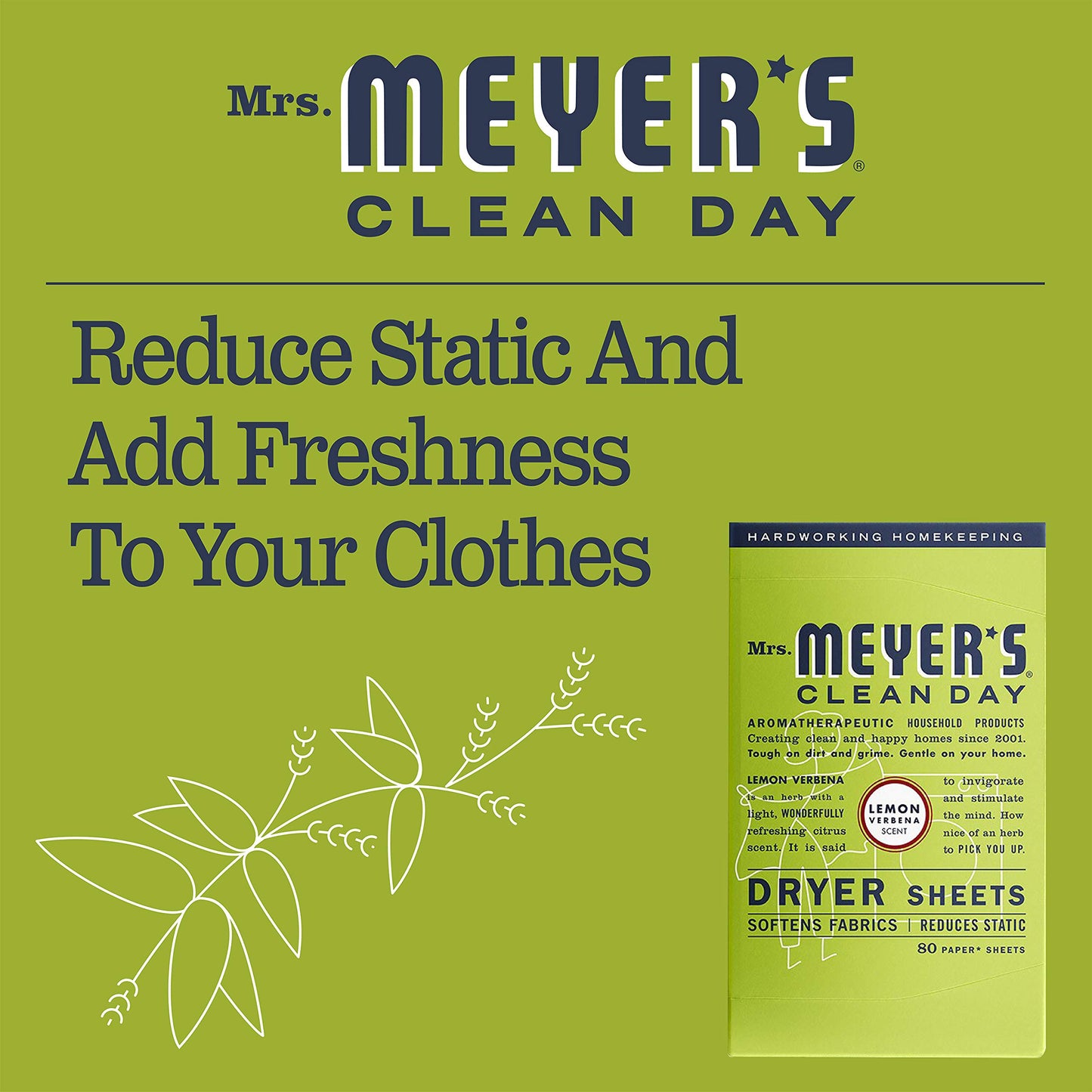 Mrs. Meyer's Dryer Sheets, Fabric Softener, Reduces Static, Infused with Essential Oils, Lemon Verbena, 80 Count
