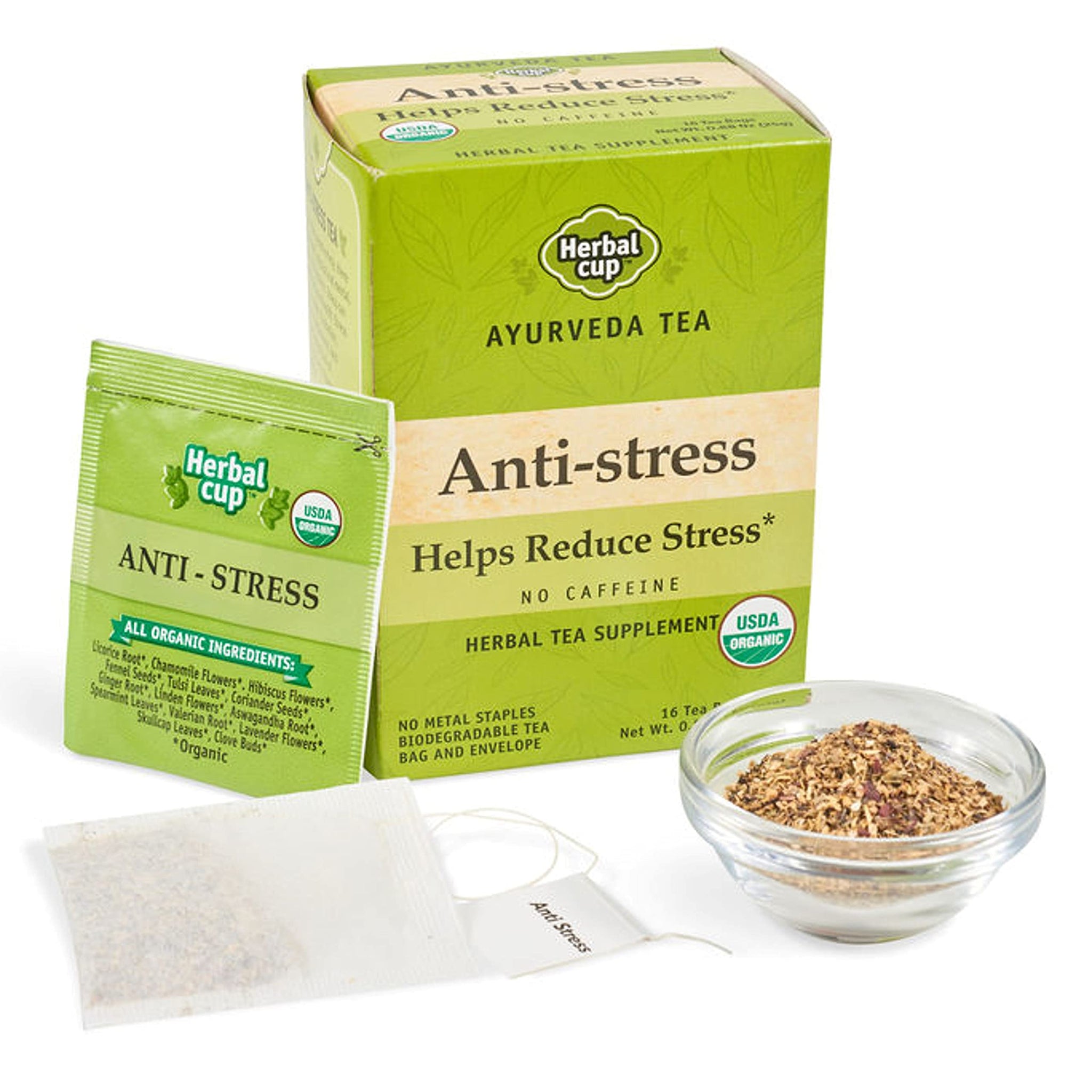 Herbal Cup Ayurveda Tea, Organic Anti-Stress, No Caffeine Herbal Supplement (Anti-Stress, 16 Count (Pack of 1))
