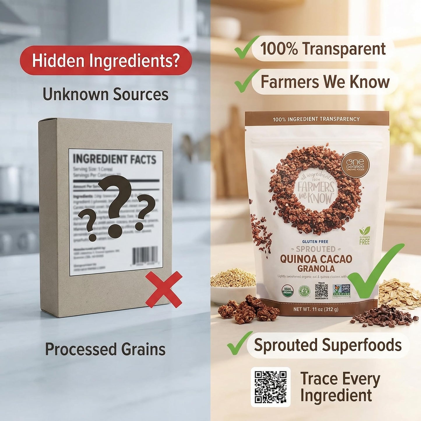 One Degree Granola Quinoa Cacao Org - 11 oz Organic Cereal - Pack of 2 - Protein Granola and Protein Cereal - Healthy Cereals Breakfast and Oat