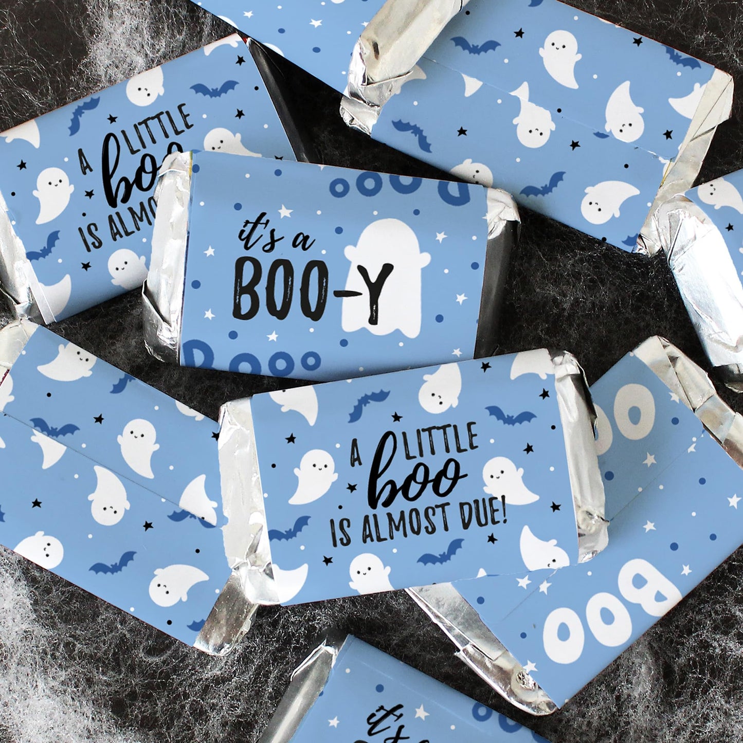 Blue A Little Boo is Almost Due Boy Baby Shower Mini Candy Wrappers, Halloween Baby Shower Party Favor Candy Stickers - 42 Count