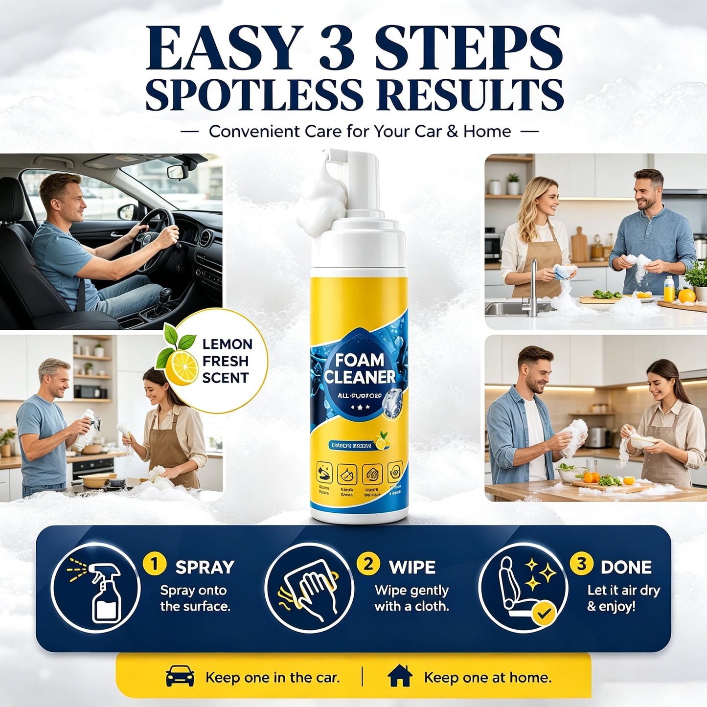 Benicabaly 4-in-1 Multi Enzyme Foam Cleaner Lemon Scent, No Rinse All Purpose Stain Remover, Car Interior Cleaner for Seat Upholstery Sofa Kitchen