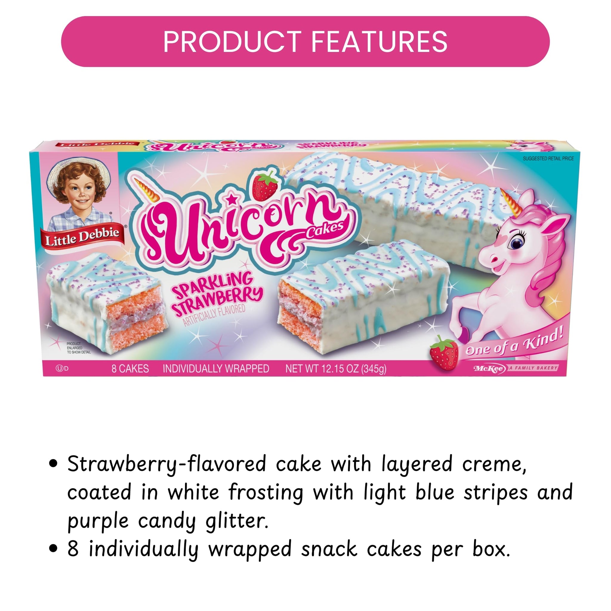 Little Debbie Unicorn Cakes, 6 Boxes, 48 Individually Wrapped Strawberry Cakes