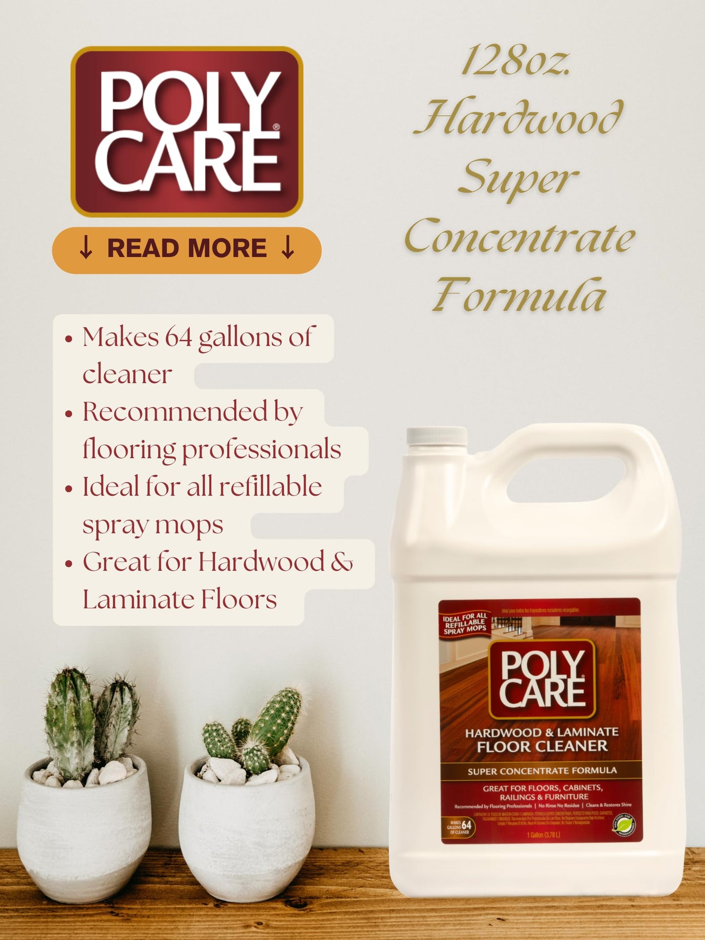 PolyCare Hardwood Floor Cleaner Super Concentrate - 128 Fl Oz - Fresh- Dilute Concentrate with Water for Spray Mops and Spray Bottles - Residue-Free