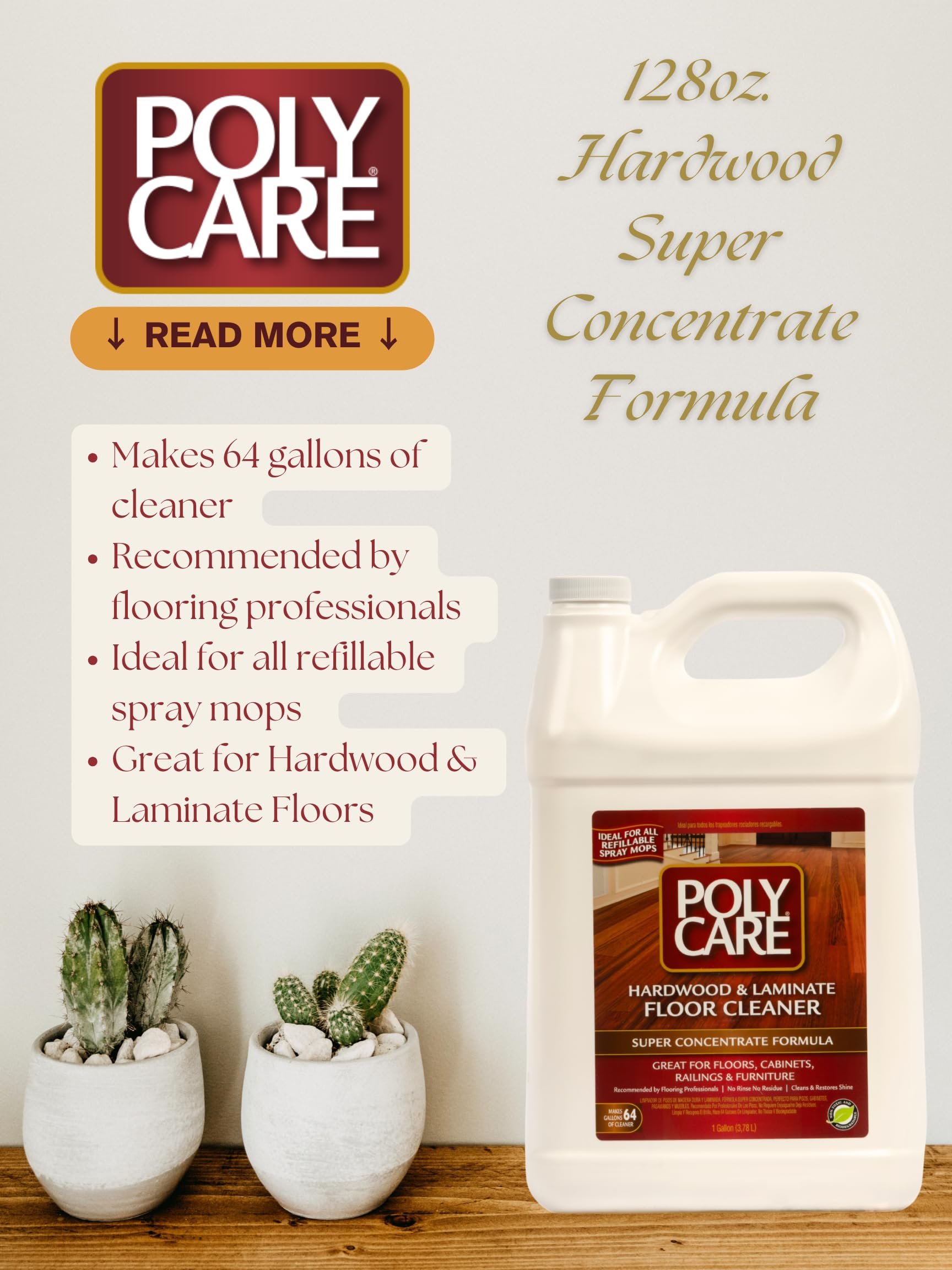 PolyCare Hardwood Floor Cleaner Super Concentrate - 128 Fl Oz - Fresh- Dilute Concentrate with Water for Spray Mops and Spray Bottles - Residue-Free