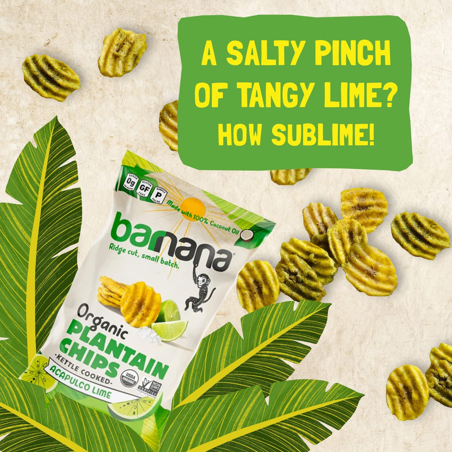 Barnana - Organic Plantain Chips, Acapulco Lime, Healthy Snack Made With 100% Coconut Oil, Non-GMO, Potato Chip Alternative, Zero Sugar, Paleo