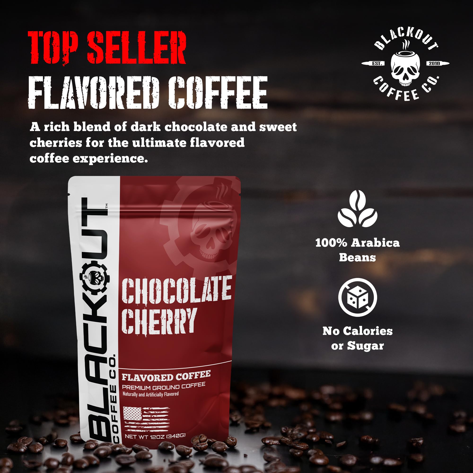 Blackout Coffee Chocolate Cherry Flavored Ground Coffee - Medium Roast, Smooth Taste, Guilt-Free Indulgence - Freshly Roasted 12oz Pouch.