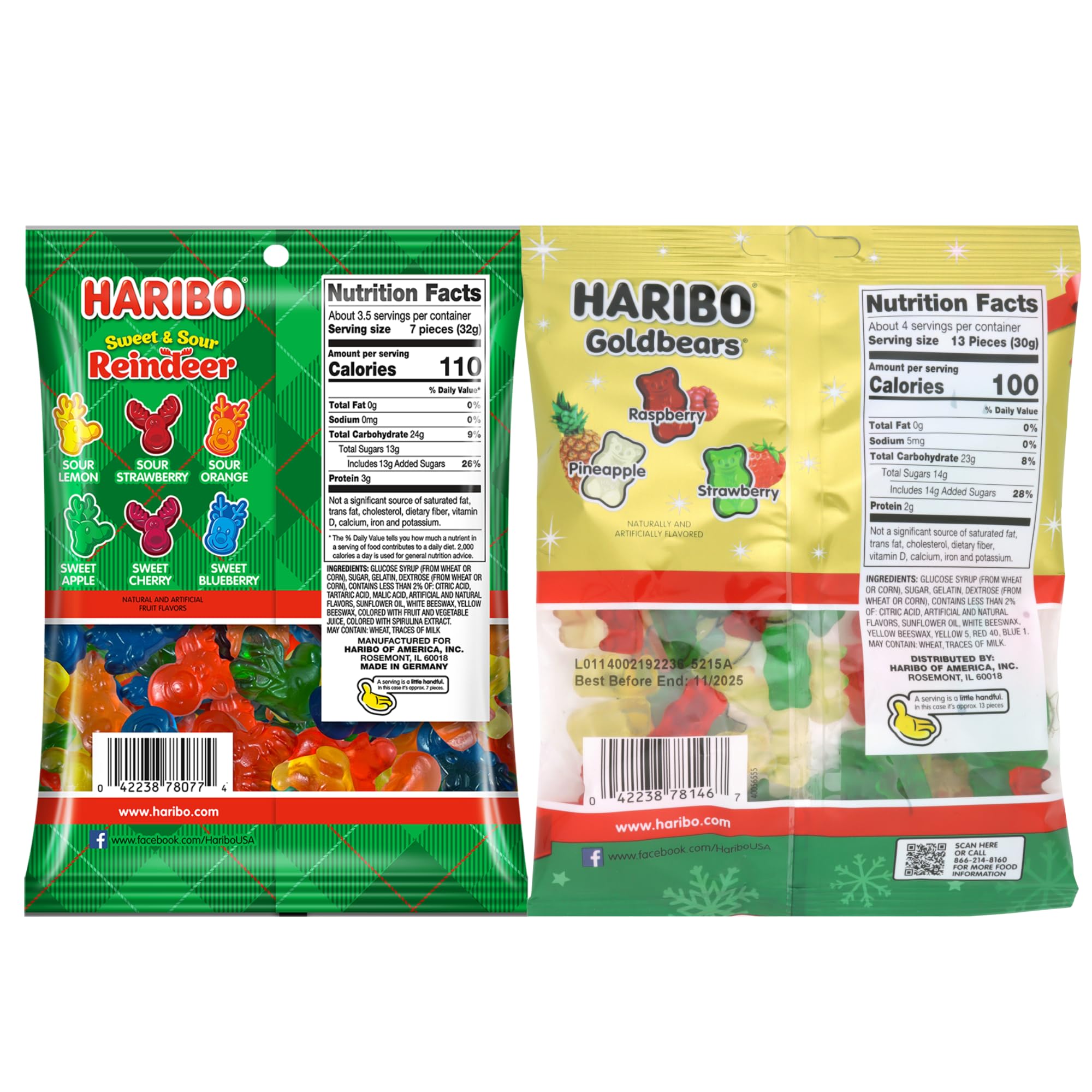 Christmas Haribo Gummy Bears and Sweet and Sour Reindeer, Holiday Chewy Fruit Candies, Festive Stocking Stuffer Gifts, 4 Ounces (Pack of 2)