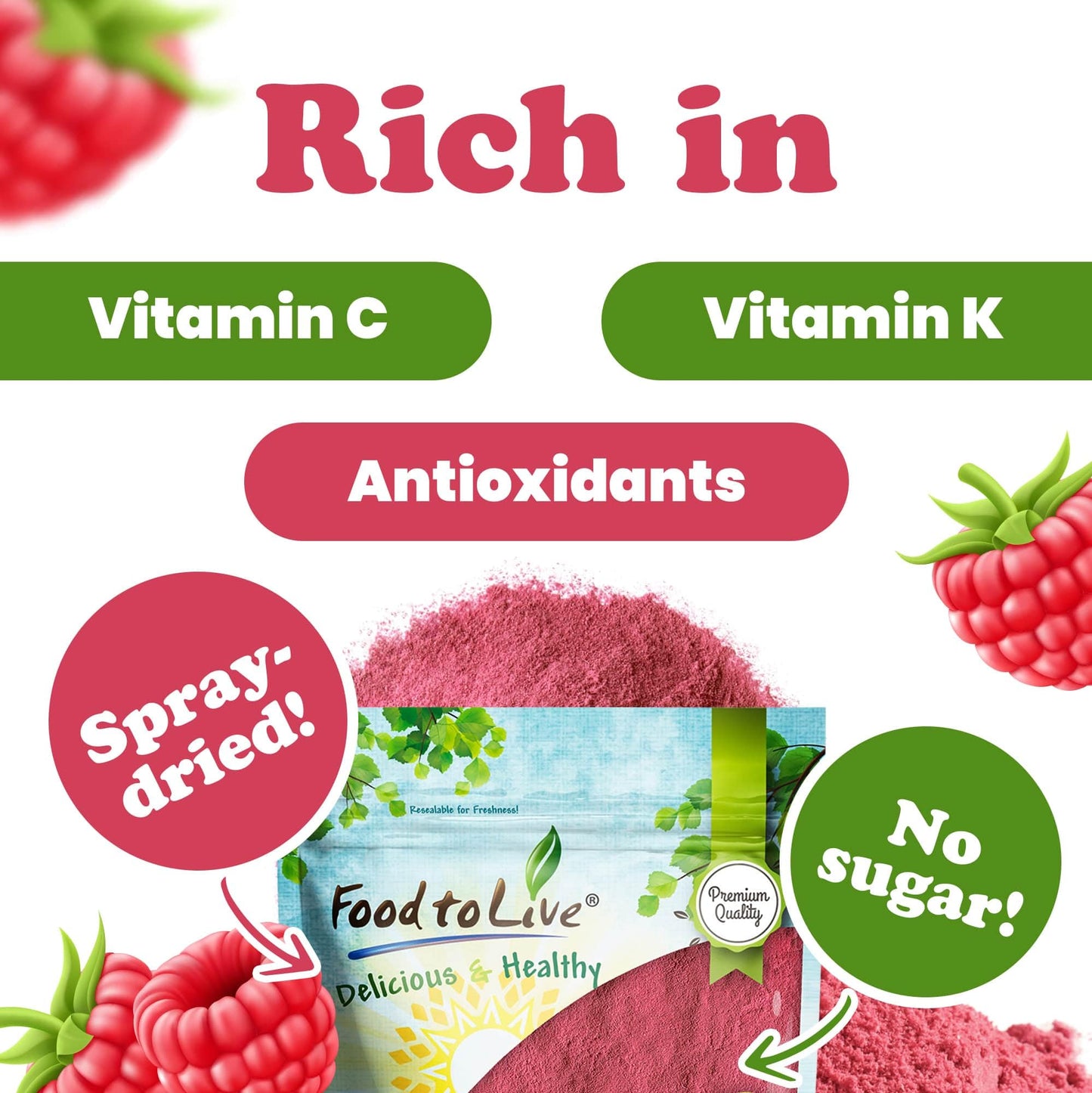 Food to Live Raspberry Juice Powder, 8 Ounces - Spray-Dried, No Sugar Added, Contains Maltodextrin, Vegan, Kosher, Bulk, Perfect for Smoothies