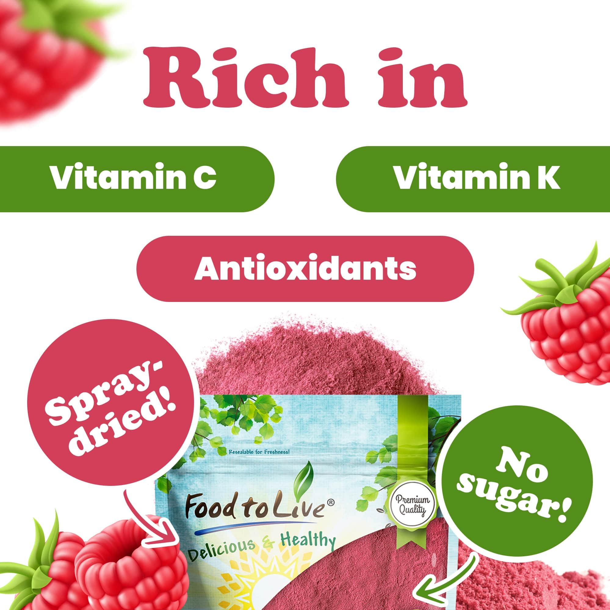 Food to Live Raspberry Juice Powder, 8 Ounces - Spray-Dried, No Sugar Added, Contains Maltodextrin, Vegan, Kosher, Bulk, Perfect for Smoothies