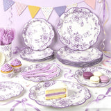 120Pcs Lavender Floral Paper Plate and Napkins Party Supplies | 9''&7'' Disposable Purple White Chinoiserie Scalloped Plates Cups Napkins Forks
