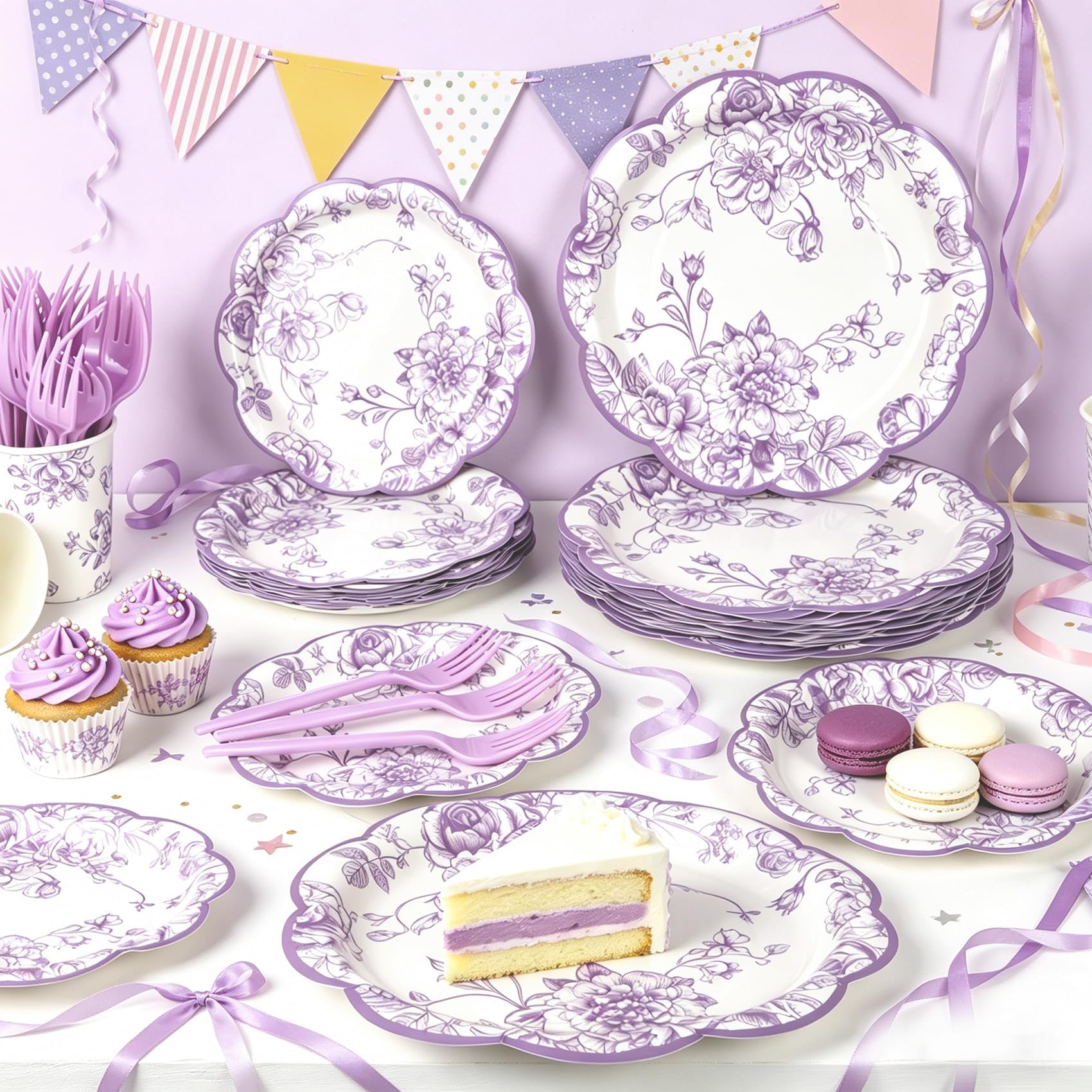120Pcs Lavender Floral Paper Plate and Napkins Party Supplies | 9''&7'' Disposable Purple White Chinoiserie Scalloped Plates Cups Napkins Forks
