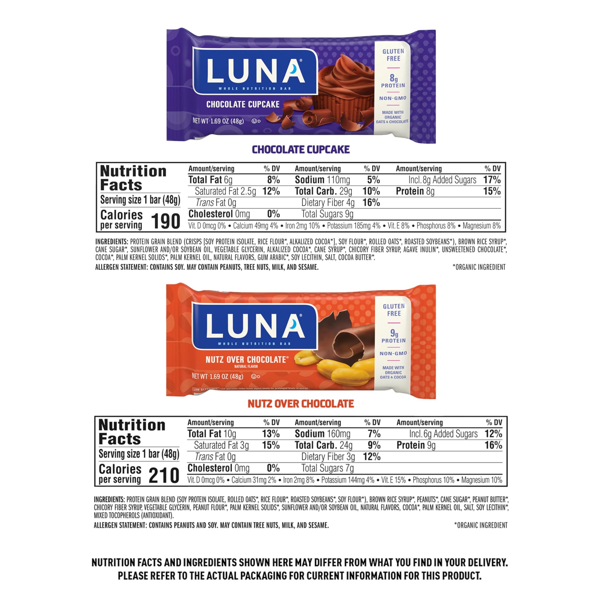 LUNA Bar - Variety Pack - Nutz Over Chocolate and Chocolate Cupcake Flavor - Snack Bars - Non-GMO - Gluten-Free Protein Bars - Made with Organic Oats