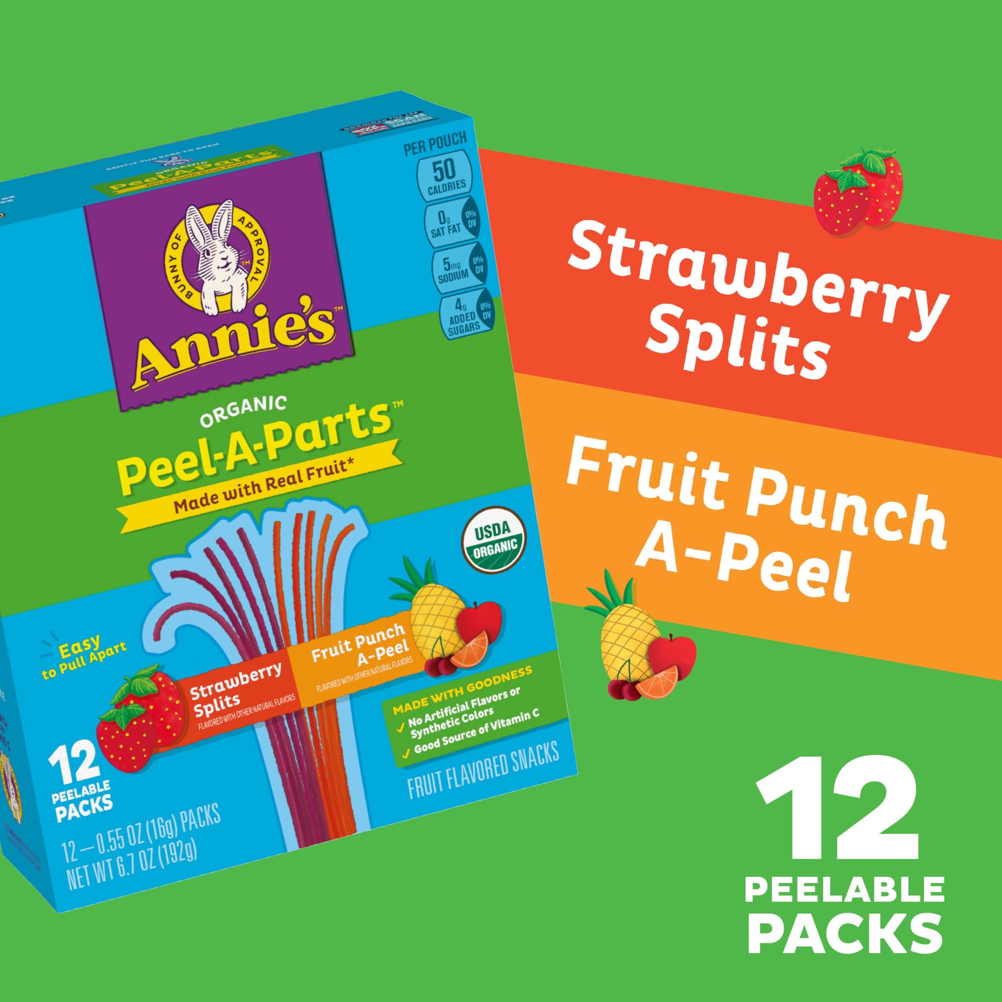 Annie's Organic Fruit Peel-A-Parts Fruit Flavored Snacks, Strawberry and Fruit Punch, Gluten Free, Vegan, Variety Pack, 12 Count, 6.7 oz