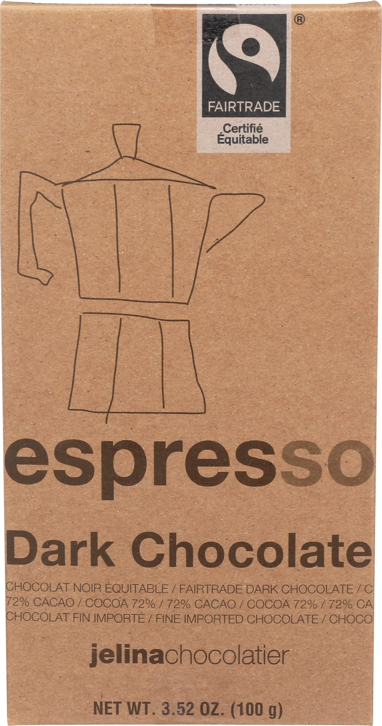 Jelina Chocolatier 72% Dark Chocolate Espresso Bar, 3.52 OZ