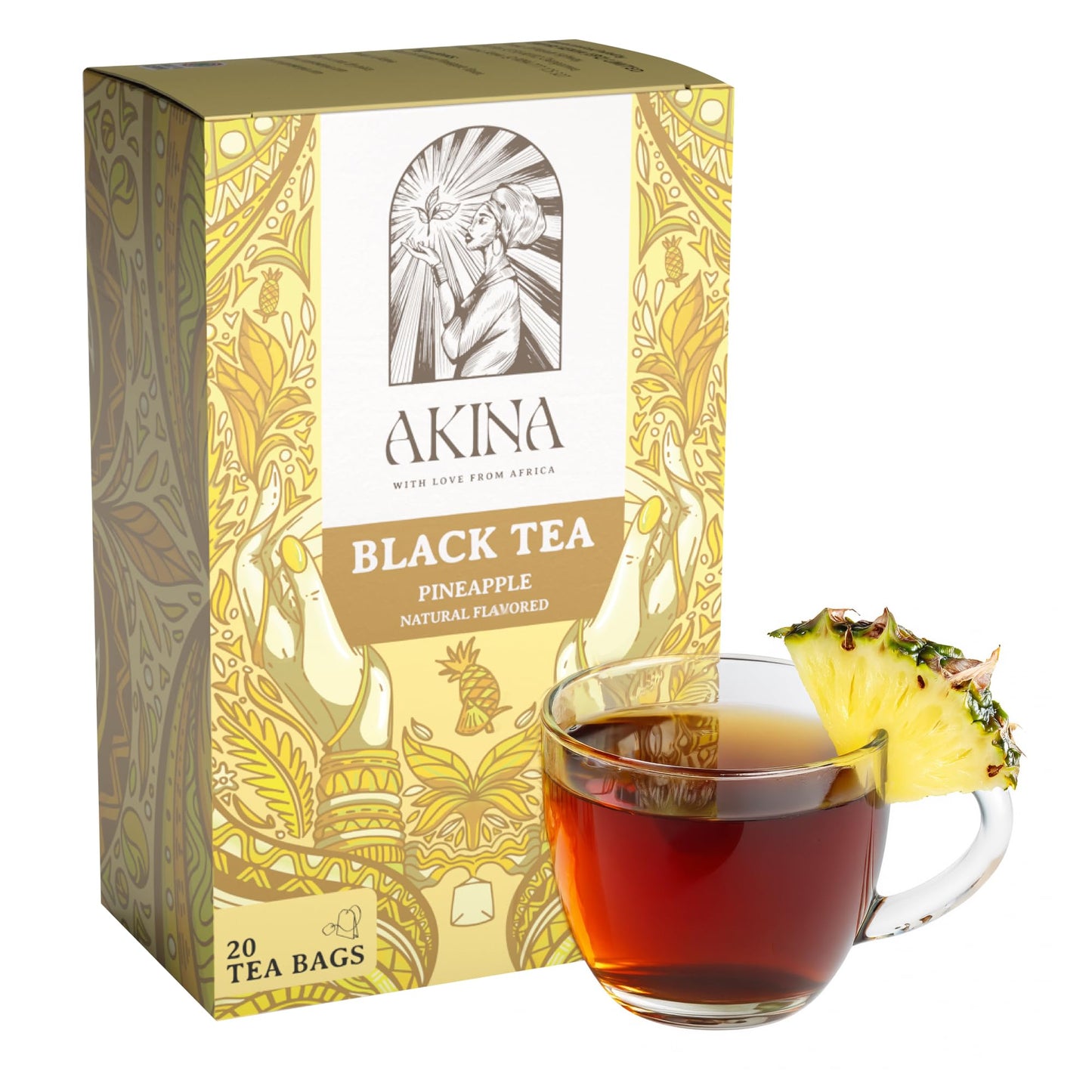 AKINA - Pineapple Flavored Black Tea Bags, Individually Wrapped, Fruity Envelope Kenyan Pineapple Tea Bags, Sweet and Tangy with Uplifting Tropical