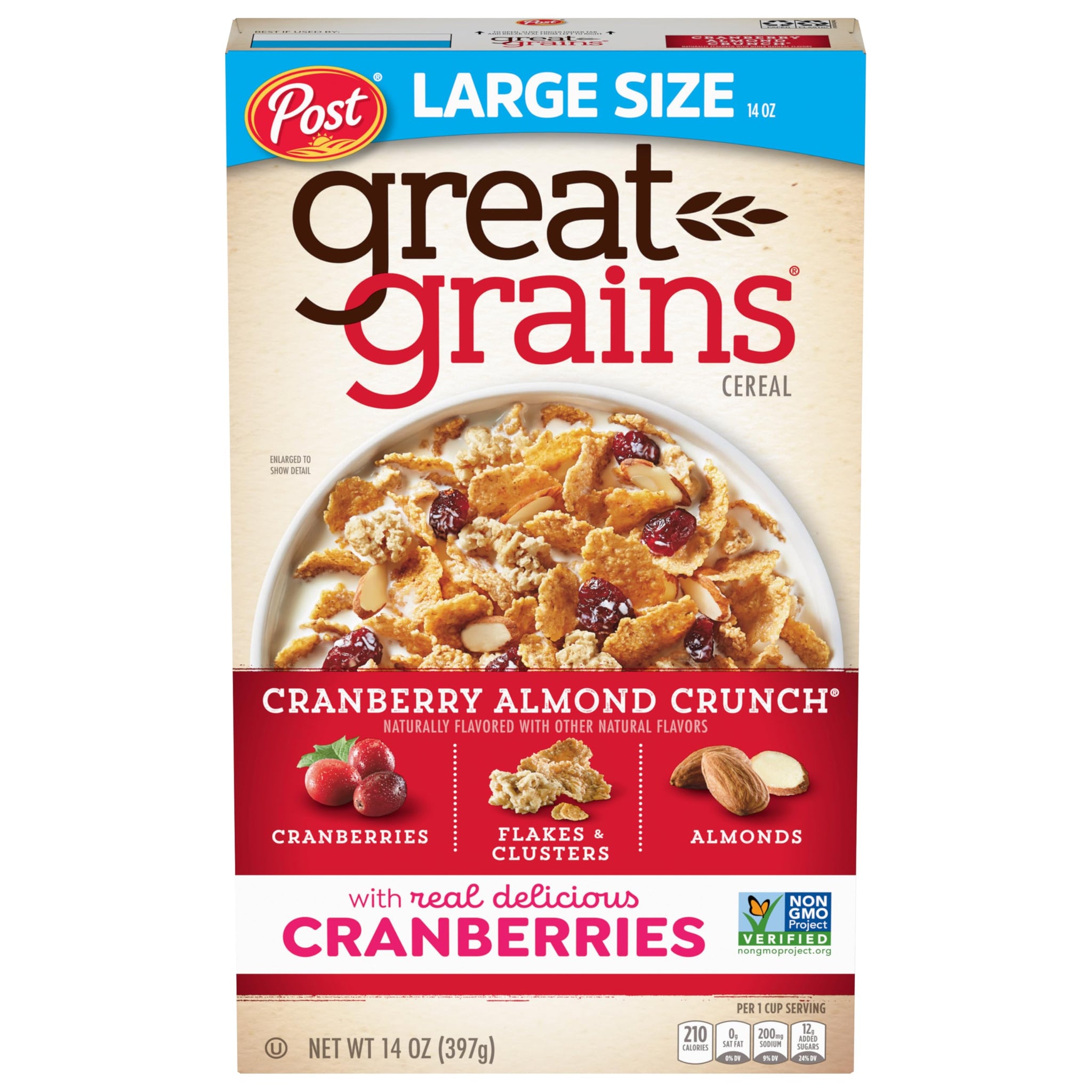 Great Grains Cranberry Almond Crunch Breakfast Cereal for Adults, Dried Cranberries and Almonds, Made with Whole Grain, Non-GMO, Heart Healthy, 14 OZ