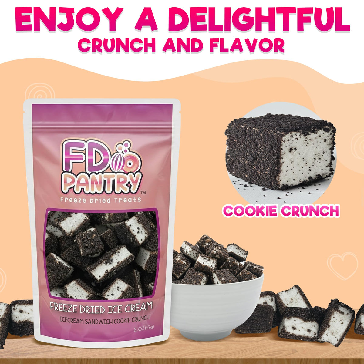 Freeze Dried Ice Cream Sandwich Bites - Cookie Crunch - Crunchy & Sweet Snack 2oz Freeze-Dried Space Ice-Cream Pack Dehydrated Resealable Gift Bag, 2