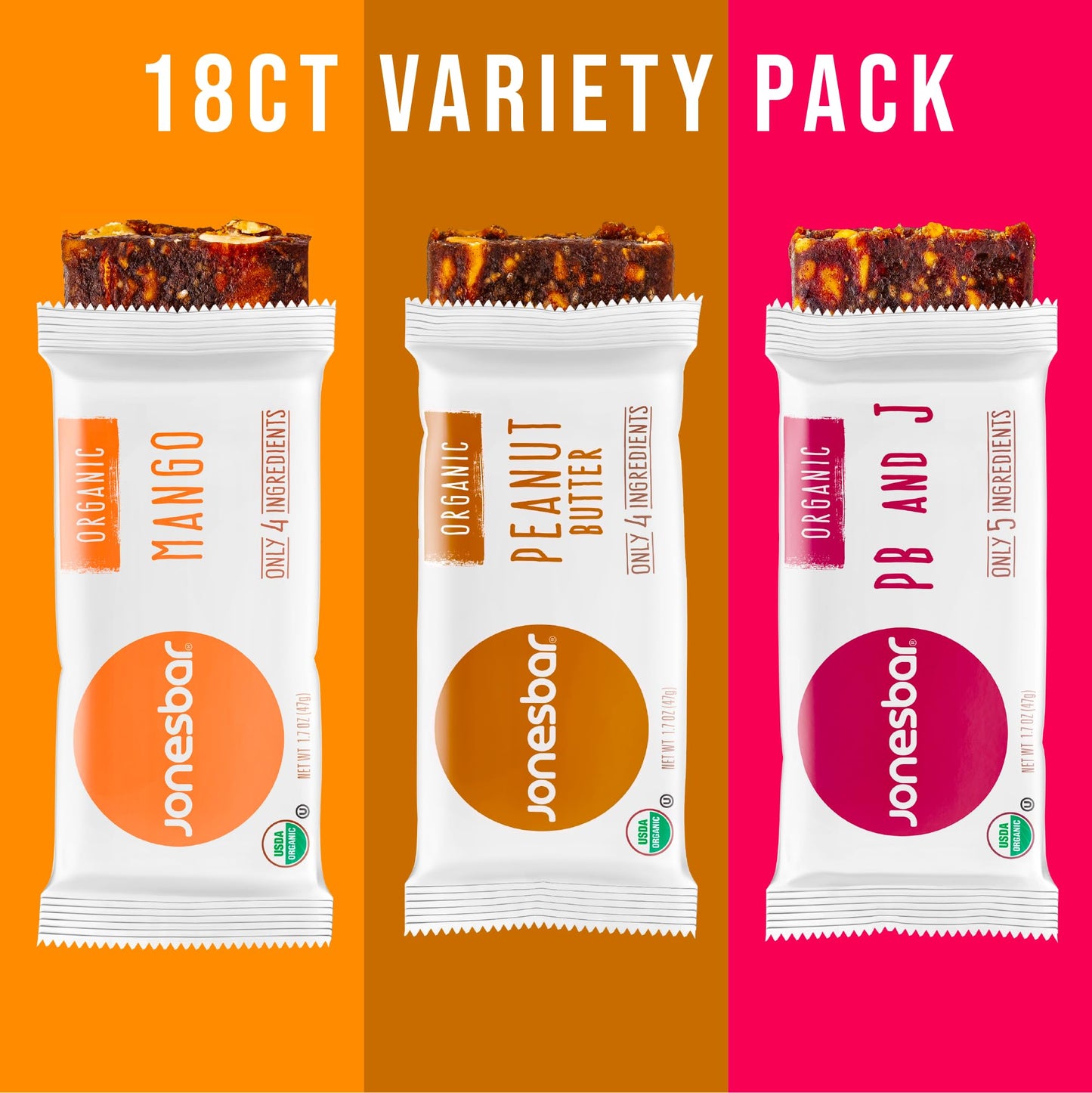 JONESBAR Organic Plant Based Protein Bars | 18 Count Variety Pack | Fruit & Nut Bar, Kosher, Gluten Free, Breakfast Bars, School Snacks, Vegan Snack