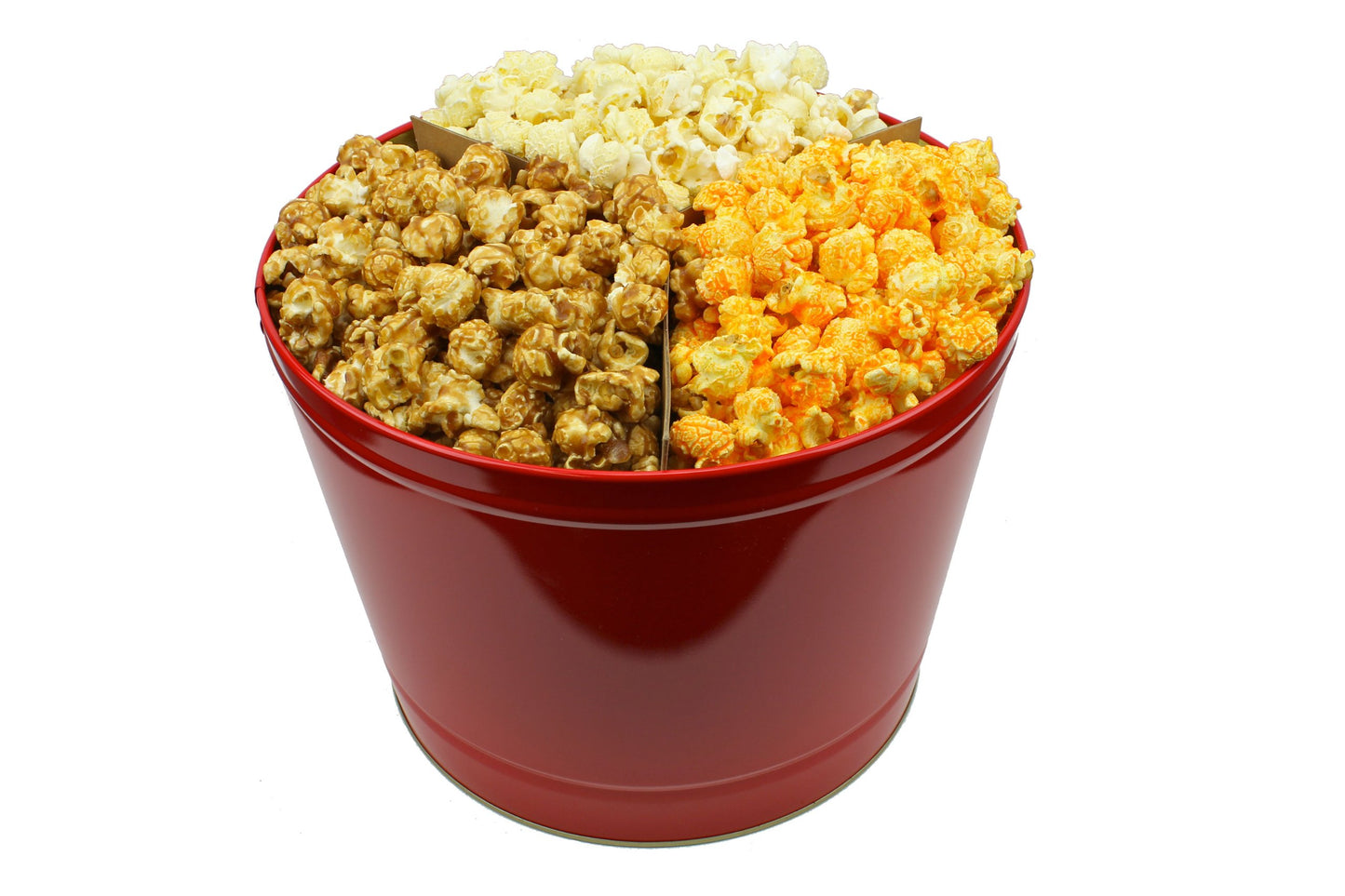 Signature Popcorn - 2-Gallon Solid Red Holiday Reusable Metal Tin - Butter, Caramel & Cheddar Cheese