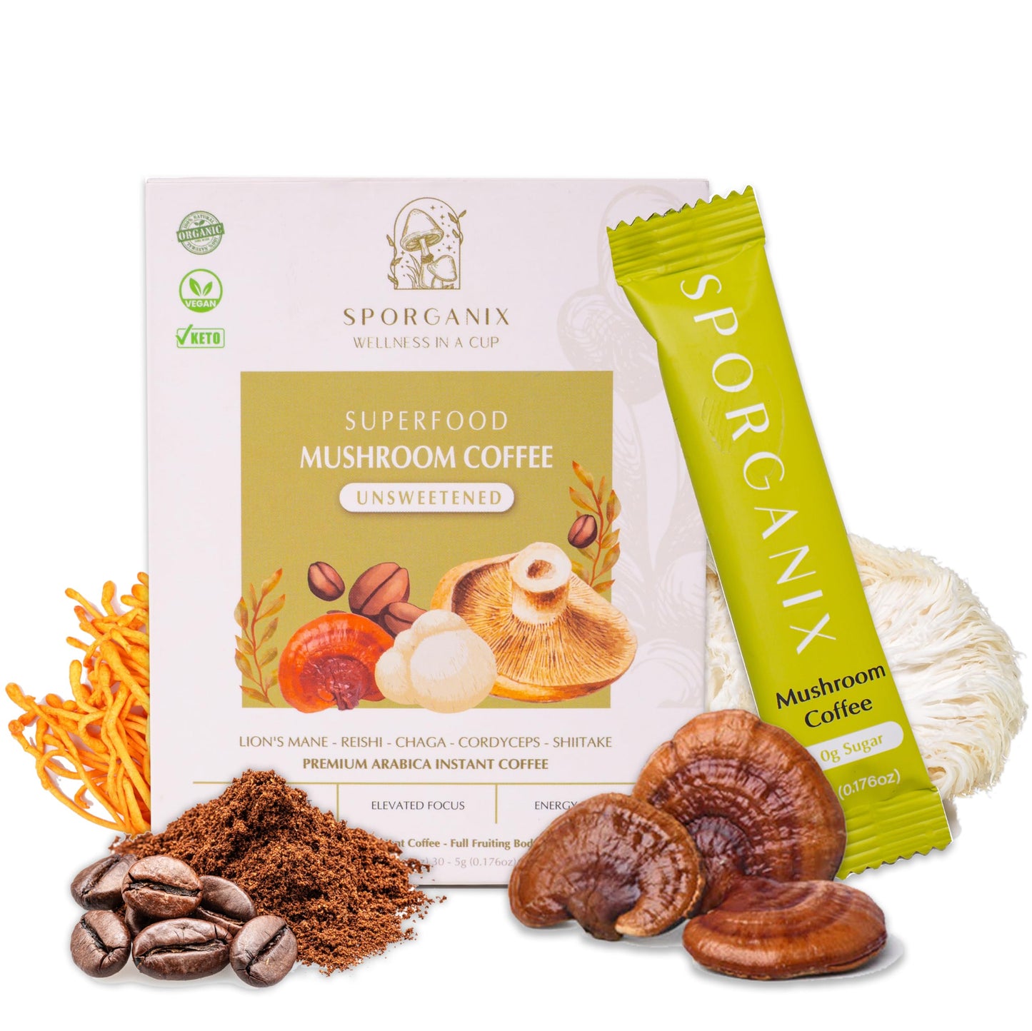 Sporganix Organic Mushroom Coffee - Instant Arabica with 5 Functional Mushrooms (Lion’s Mane, Reishi, Chaga, Cordyceps, Shiitake) - Unsweetened