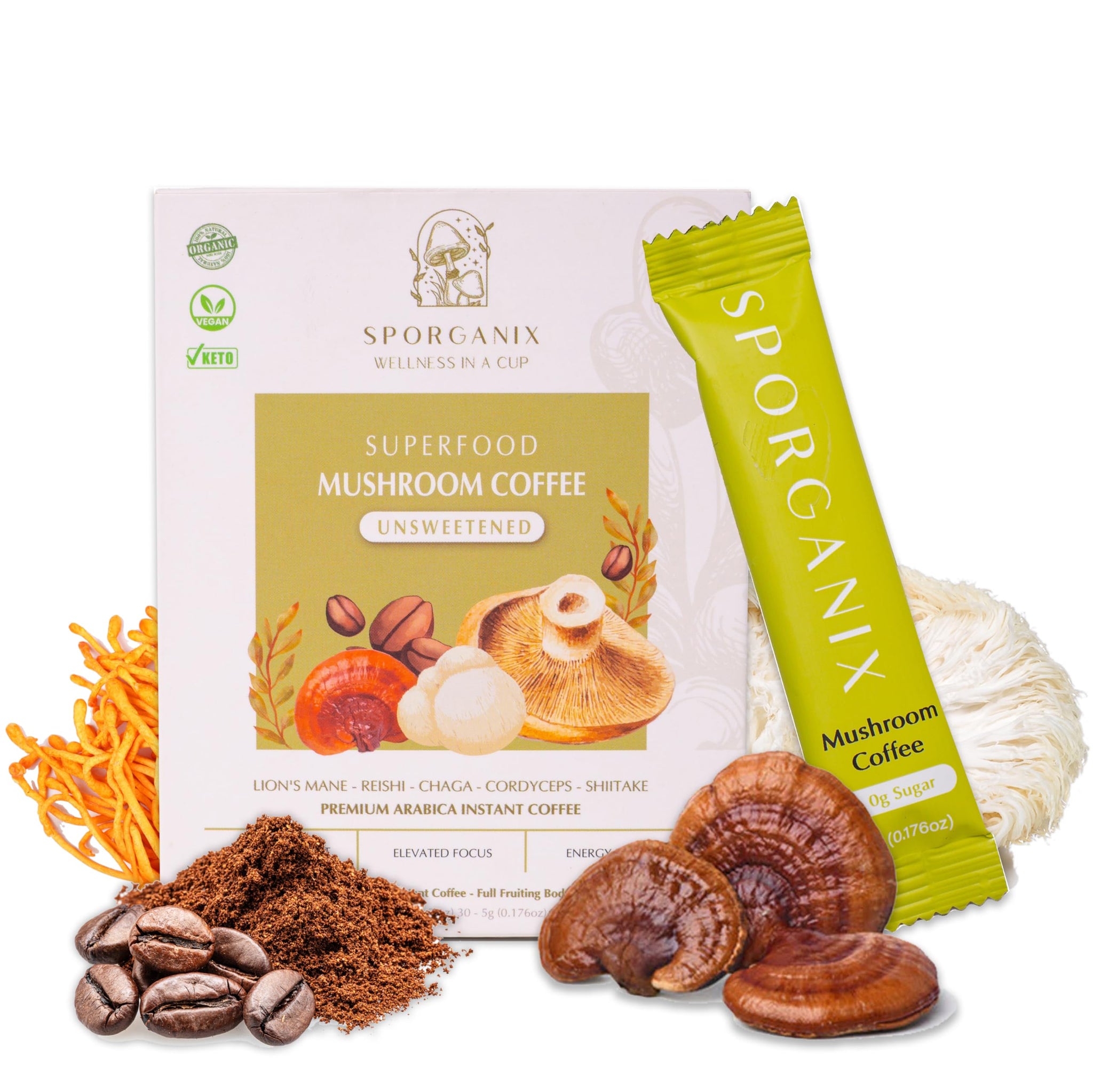 Sporganix Organic Mushroom Coffee - Instant Arabica with 5 Functional Mushrooms (Lion’s Mane, Reishi, Chaga, Cordyceps, Shiitake) - Unsweetened