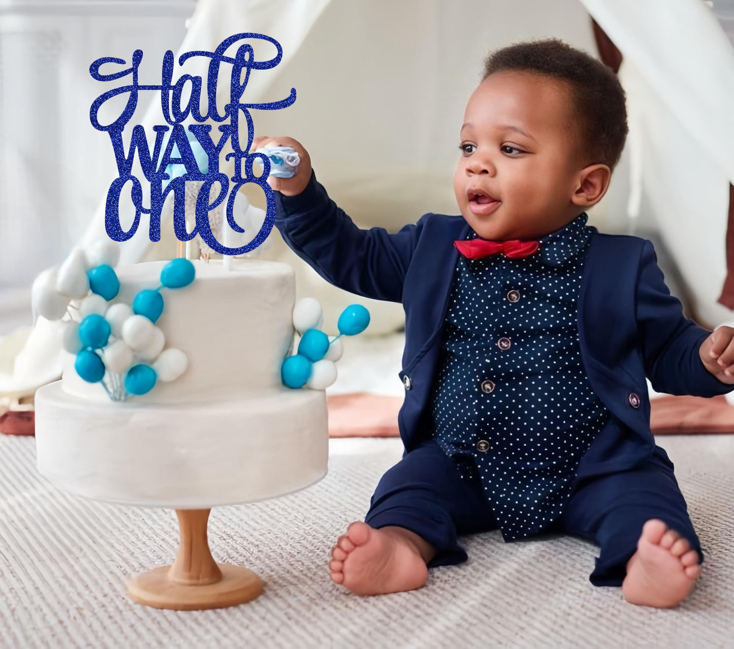 AHAORAY Half Way To One Cake Topper - Blue Glitter 6 Months Birthday Decorations Supplies - Half Birthday Decorations Baby Girl, for Baby