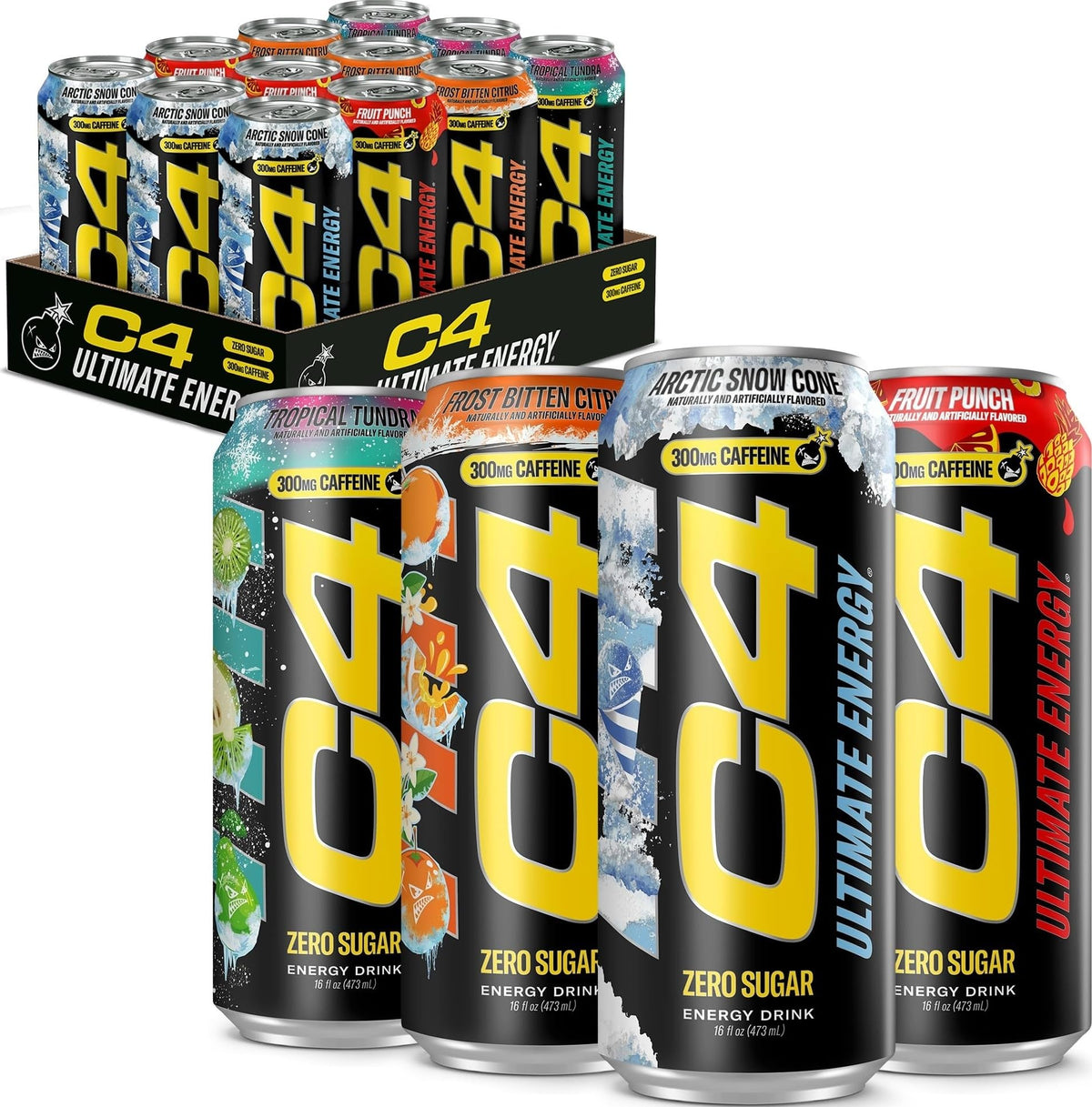 C4 Ultimate Energy Drink with Zero Sugar, 300mg Caffeine, 16oz Pack of 12
