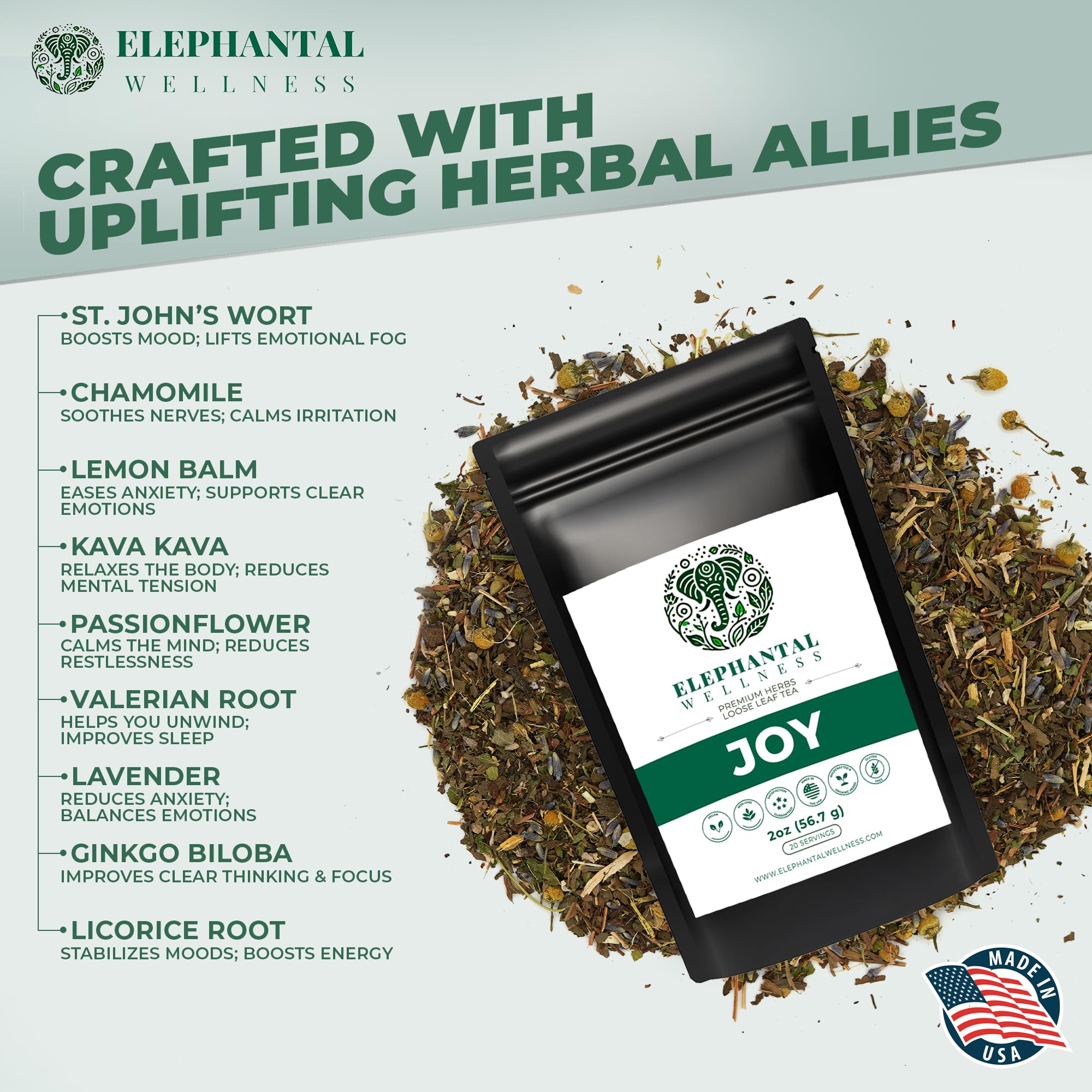 Elephantal Wellness Premium Joy Herbal Tea | Mood & Emotional Balance Support with St. John’s Wort, Kava, Ginkgo & Lavender | Handmade, Non-GMO