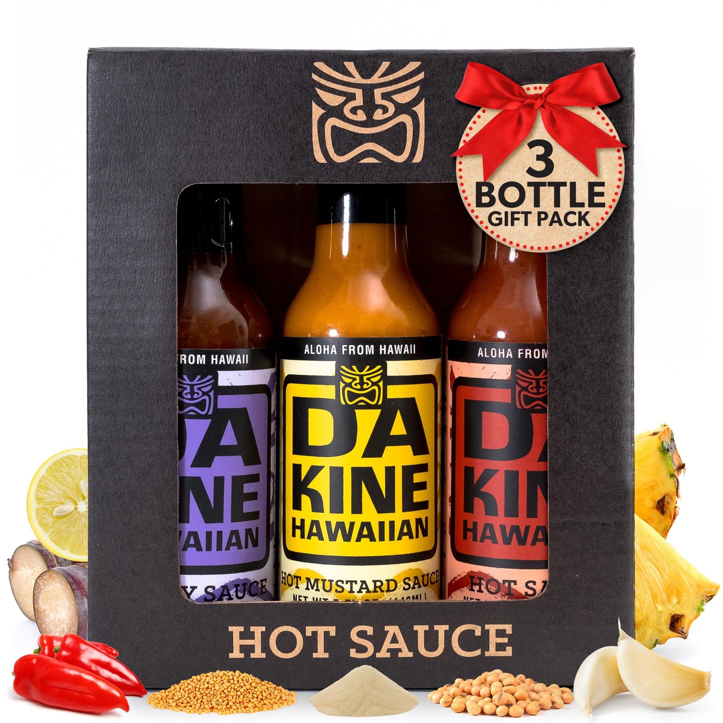 Da Kine Hawaiian Hot Sauce Sampler - Hot Soy, Mustard & Classic - Made with Pineapple Juice for Meat Tenderizing, Ideal for Marinades and Dipping