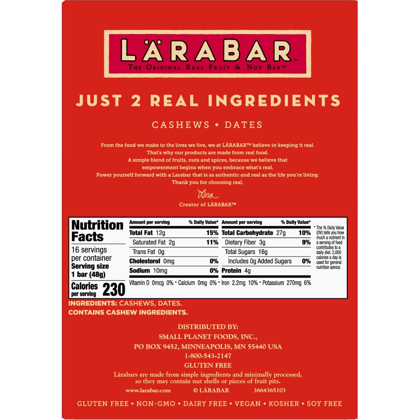 Larabar Cashew Cookie, Fruit and Nut Bars, Gluten Free and Vegan, 27.2 oz, 16 Ct