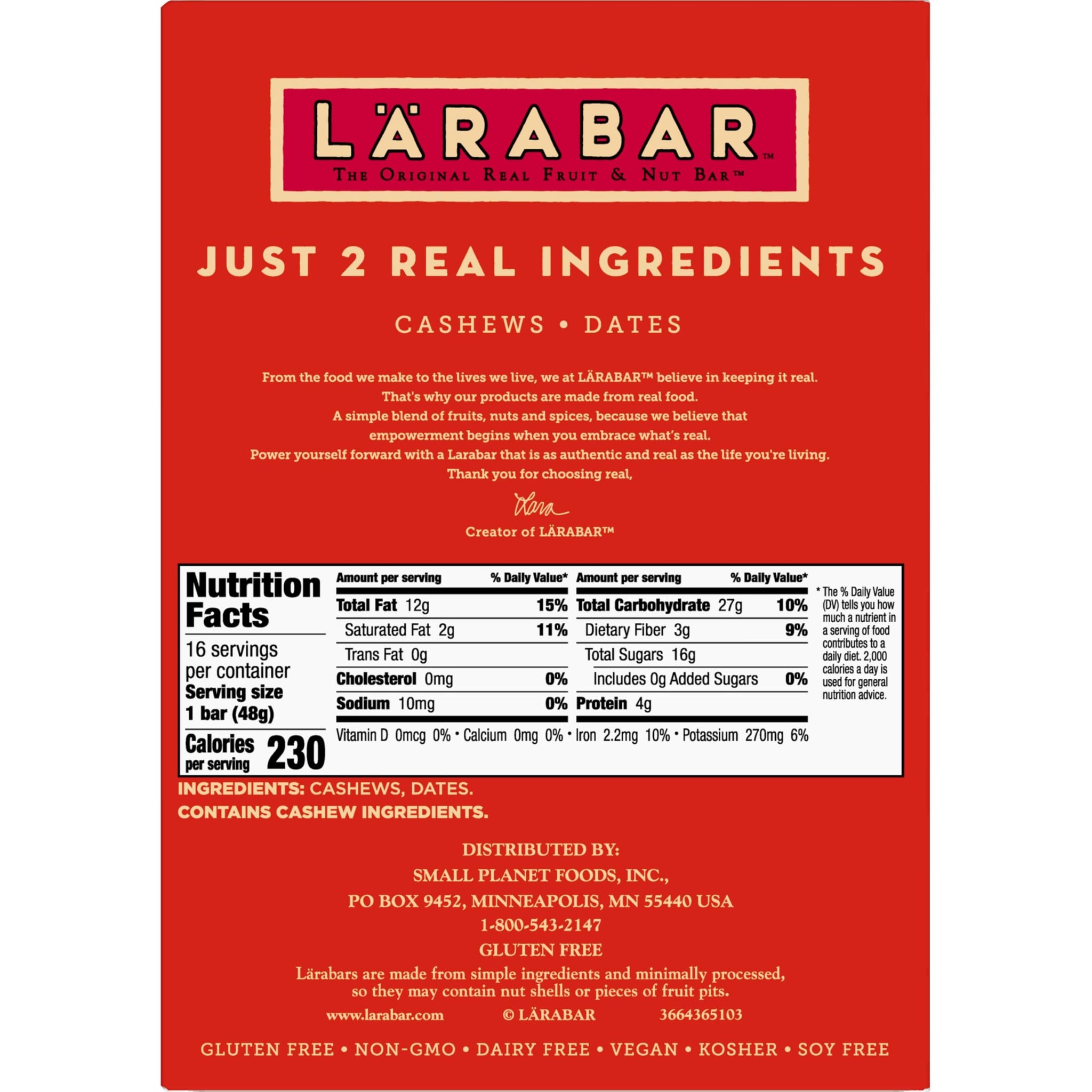 Larabar Cashew Cookie, Fruit and Nut Bars, Gluten Free and Vegan, 27.2 oz, 16 Ct