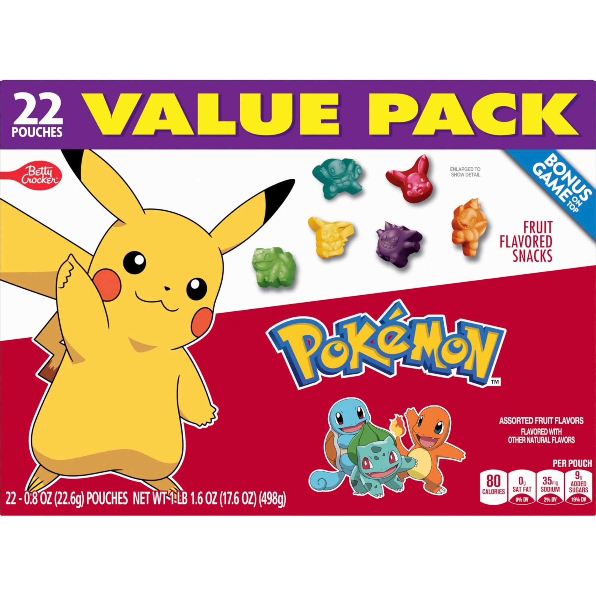Pokemon Fruit Flavored Snacks, Fat Free and Gluten Free Snacks, 17.6 oz (22 Pouches)