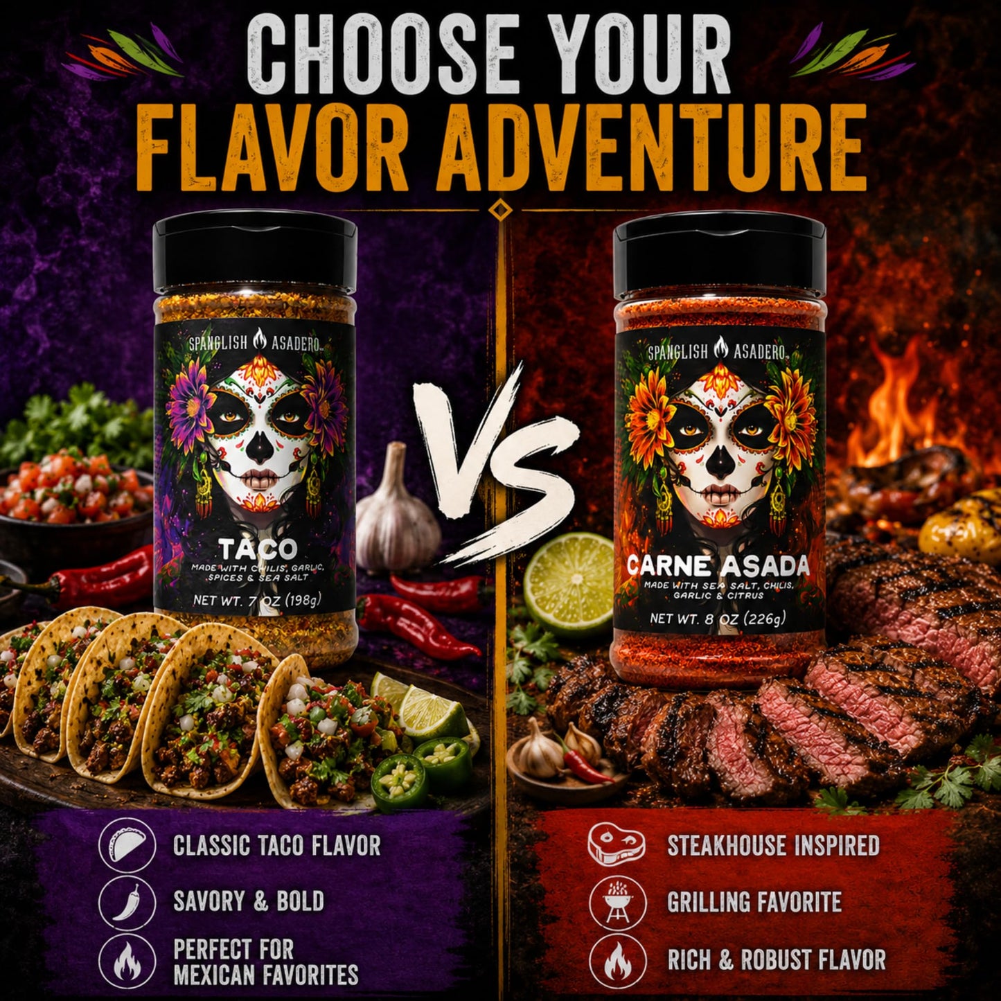 Spanglsh Asdero Taco & Carne Asada Seasoning Variety Pack, Mexican-Inspired Spice Blends for Tacos, Steak, Chicken, Fajitas & Grilling, 2 Bottles, 15