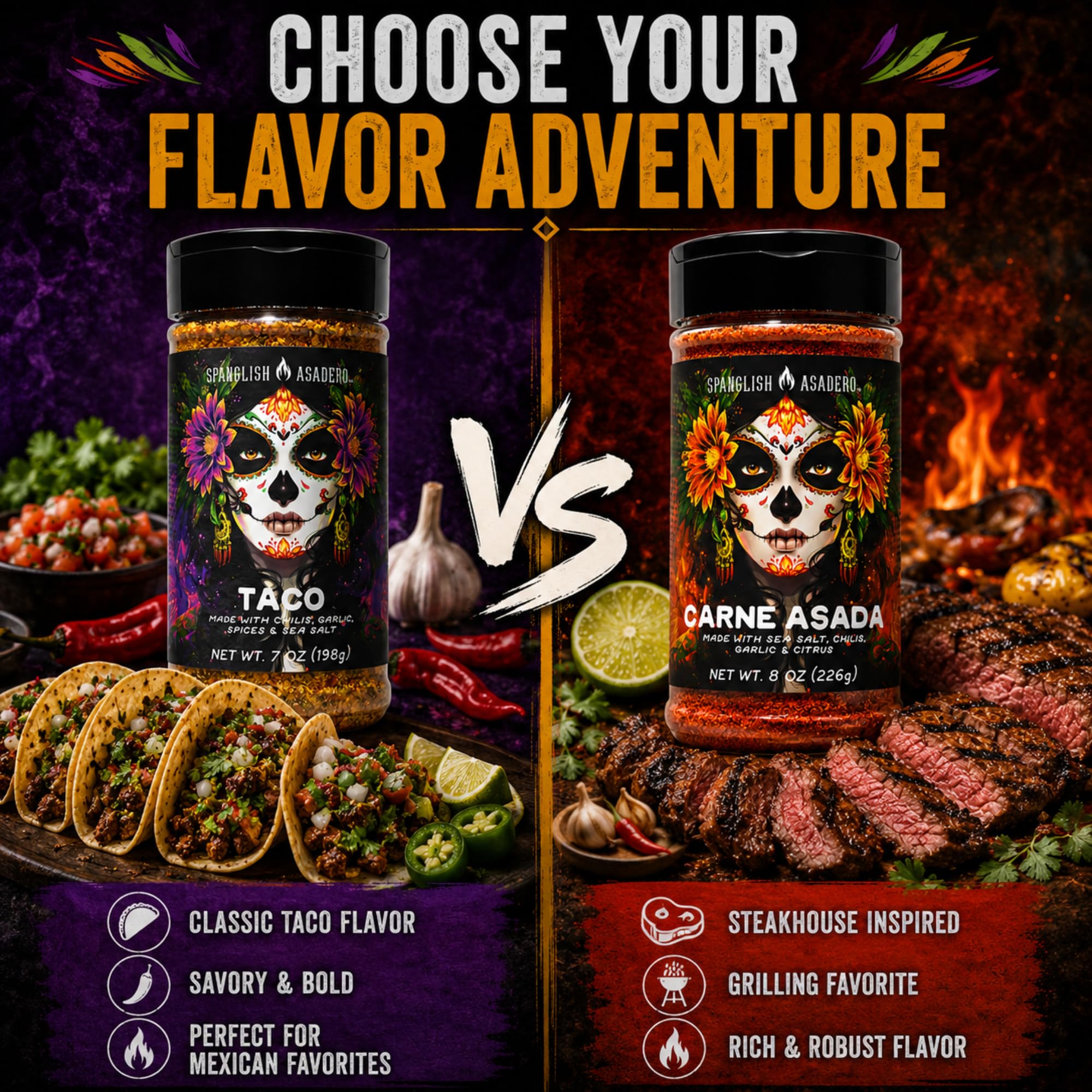 Spanglsh Asdero Taco & Carne Asada Seasoning Variety Pack, Mexican-Inspired Spice Blends for Tacos, Steak, Chicken, Fajitas & Grilling, 2 Bottles, 15