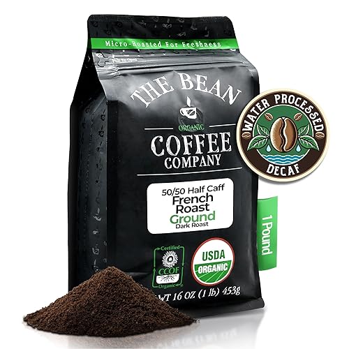 The Bean Organic Coffee Company 50/50 (Half Caff) French Roast, 50% Decaf, Dark Roast, Ground Coffee, 16-Ounce Bag, Café Molido Tostado Orgánico