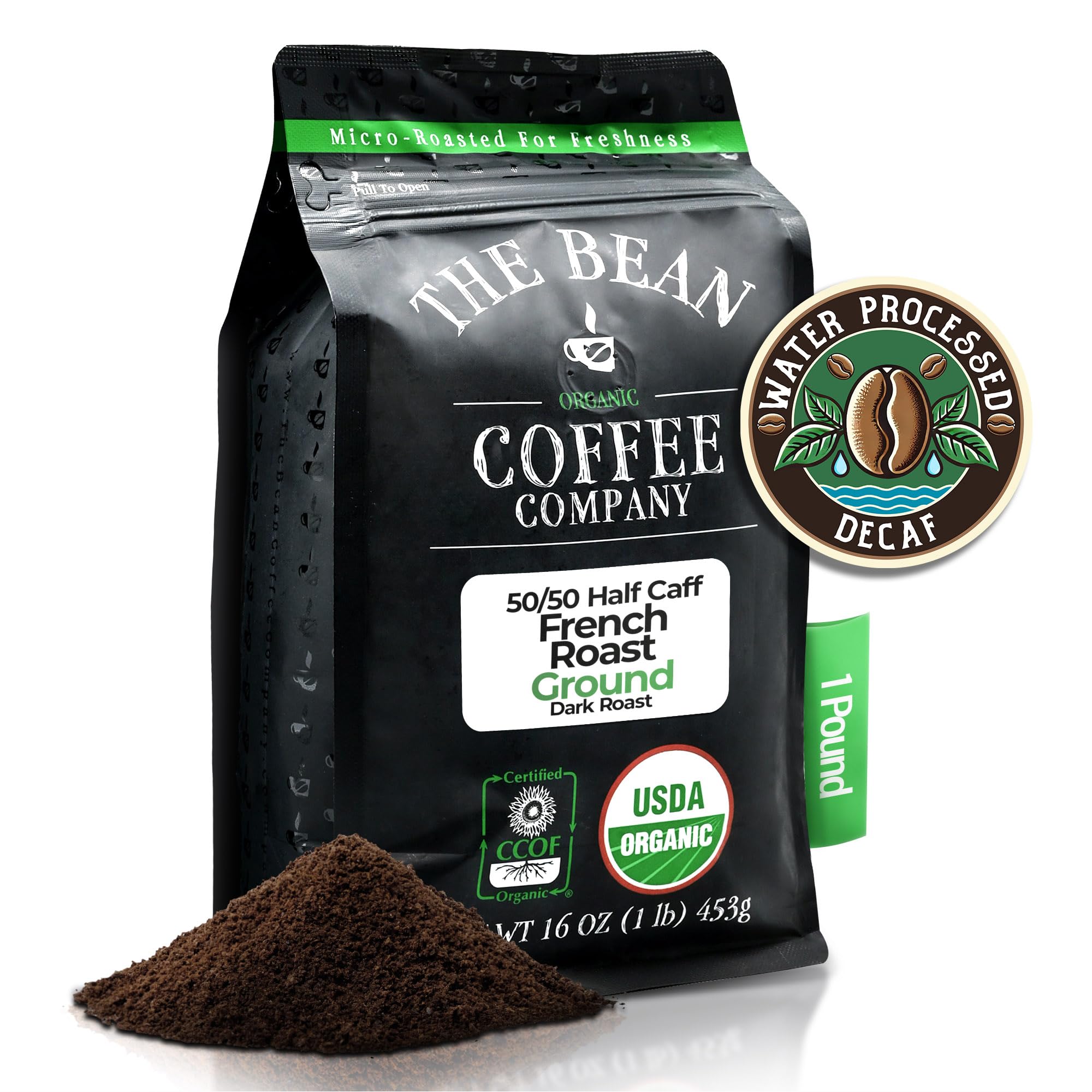 The Bean Organic Coffee Company 50/50 (Half Caff) French Roast, 50% Decaf, Dark Roast, Ground Coffee, 16-Ounce Bag, Café Molido Tostado Orgánico