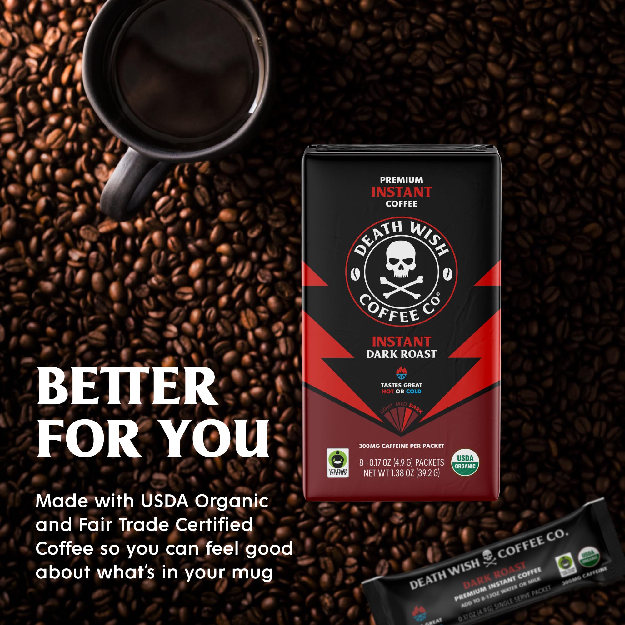 Death Wish Coffee Instant Dark Roast Coffee Packets, Bold & Intense Blend of Arabica & Robusta Beans, USDA Organic, 8 Count