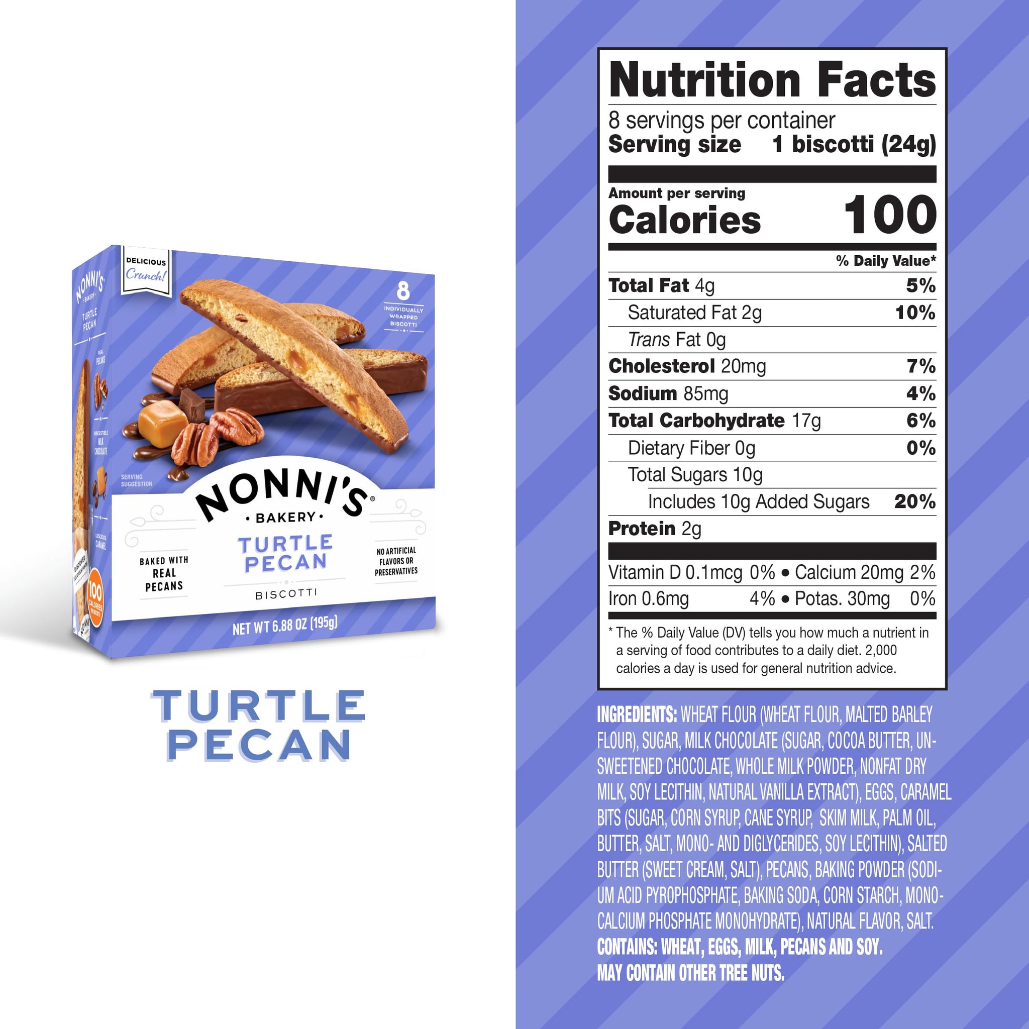 Nonni's Turtle Pecan Biscotti, Individually Wrapped Italian Cookie Snacks, 8 Servings (Pack of 1)