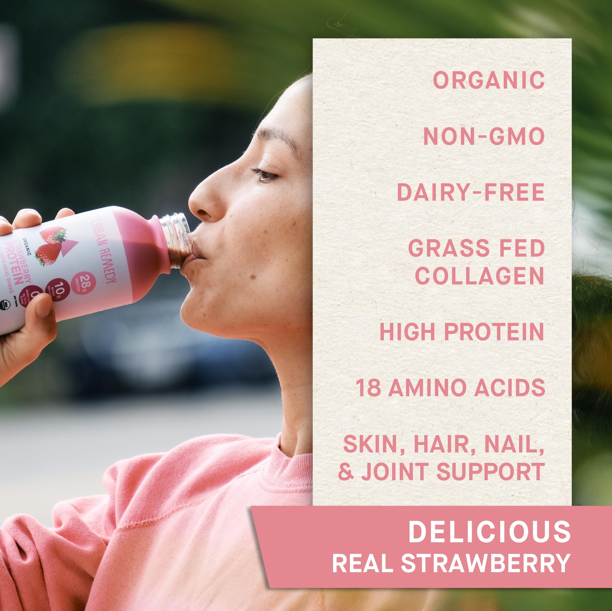 Urban Remedy Strawberry Protein Collagen Meal Shake, 16 oz - 28g Protein, 10g Organic Grass-Fed Collagen, No Added Sugar, Dairy-Free