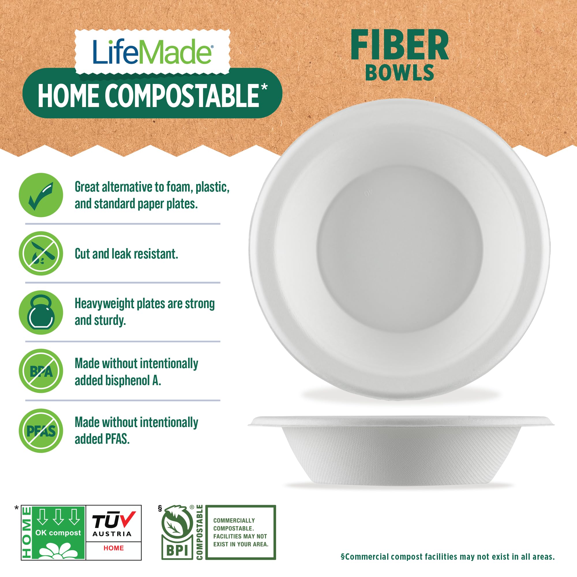 LIFEMADE 160 Count 16 oz Bowls, Home (TUV OK compost HOME Certified) and Commercially Compostable (BPI® Certified), 8 bundles of 20 bowls per case