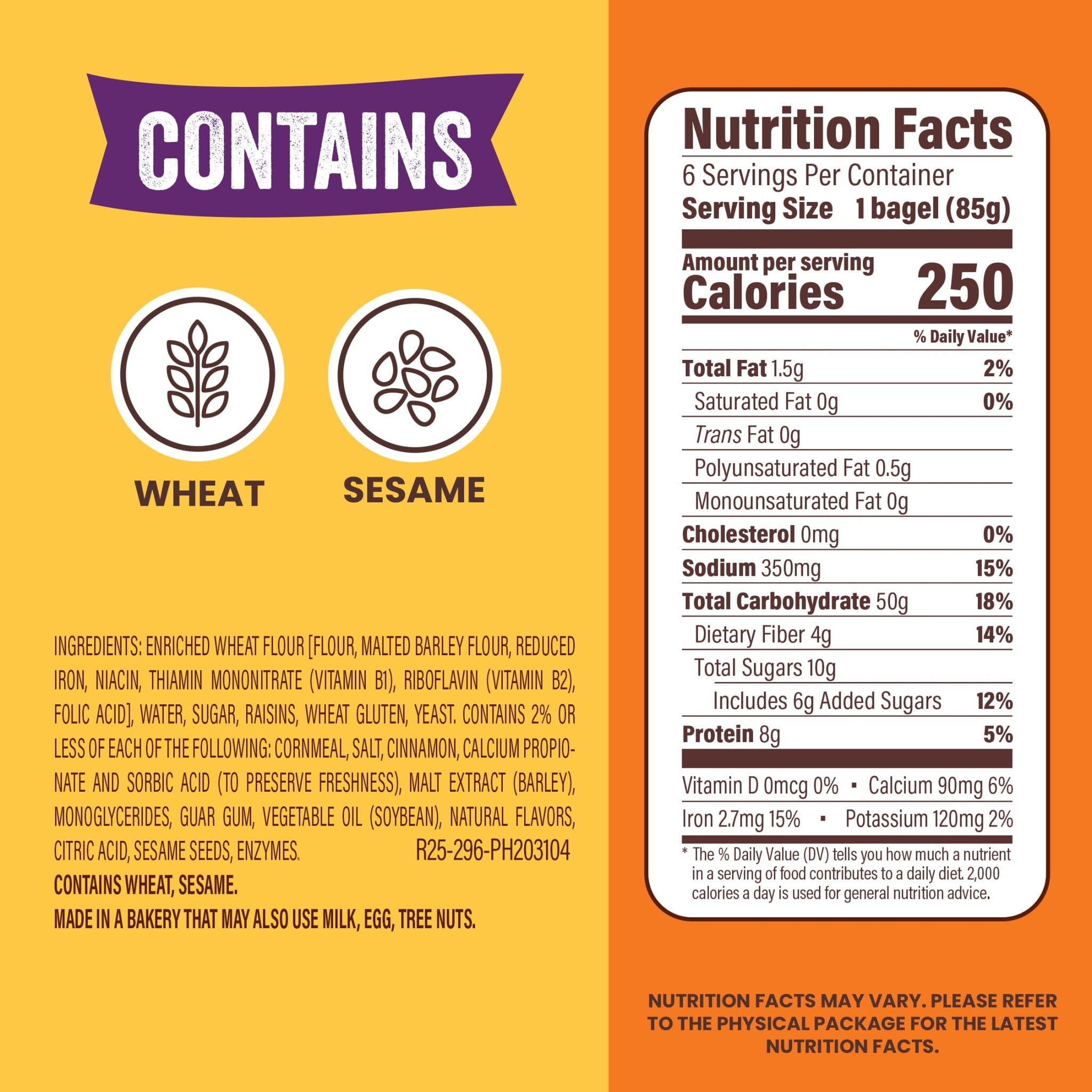 Thomas' Cinnamon Raisin Bagels, 6 count, (3.0 oz each), 8g Protein, Kosher Bagels, 18 oz Bag