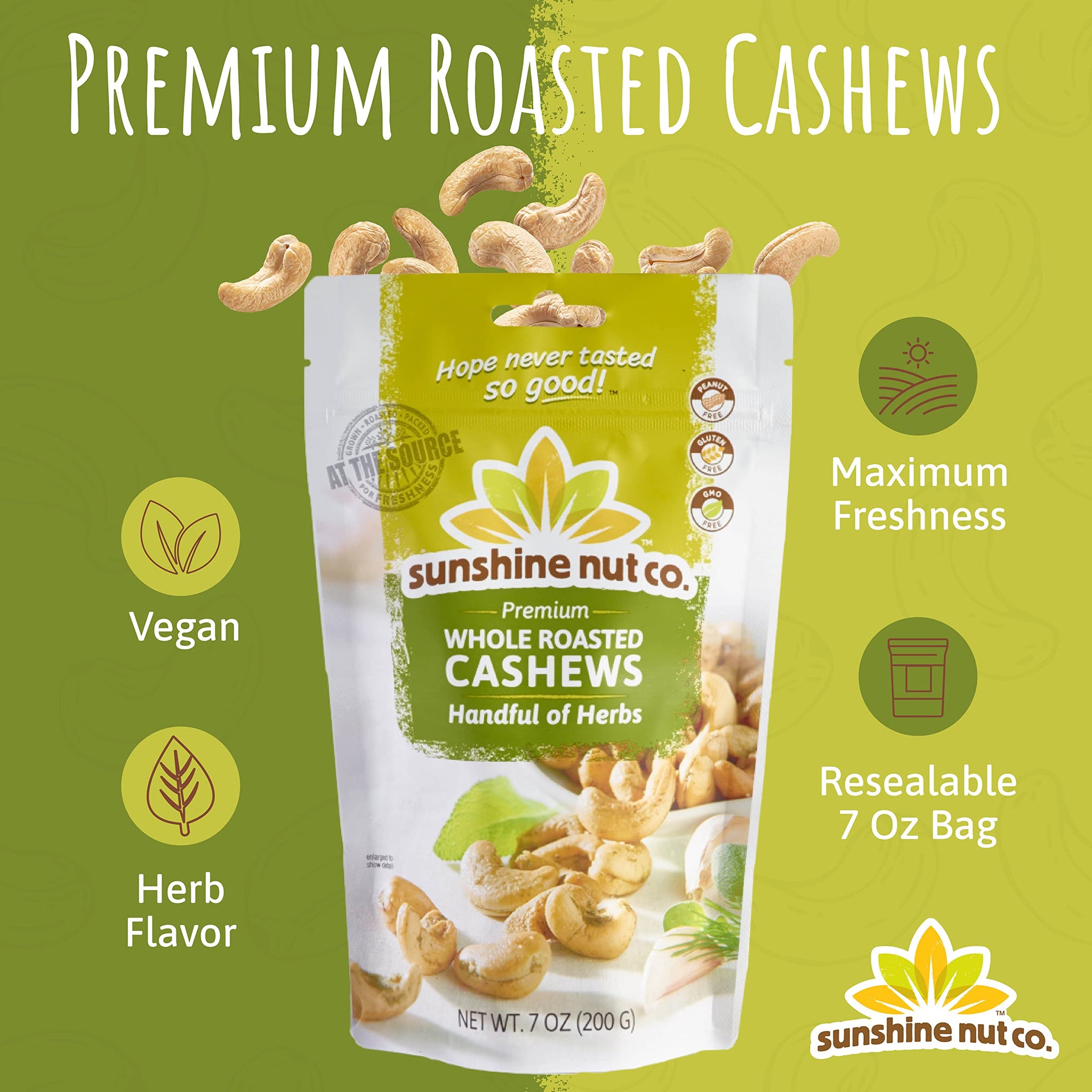 Sunshine Nut Company Whole Roasted Lightly Salted Cashews, Handful of Herbs Flavor, 2 Pack, 7 oz. Each, Gluten Free, Peanut Free and Vegan Individual