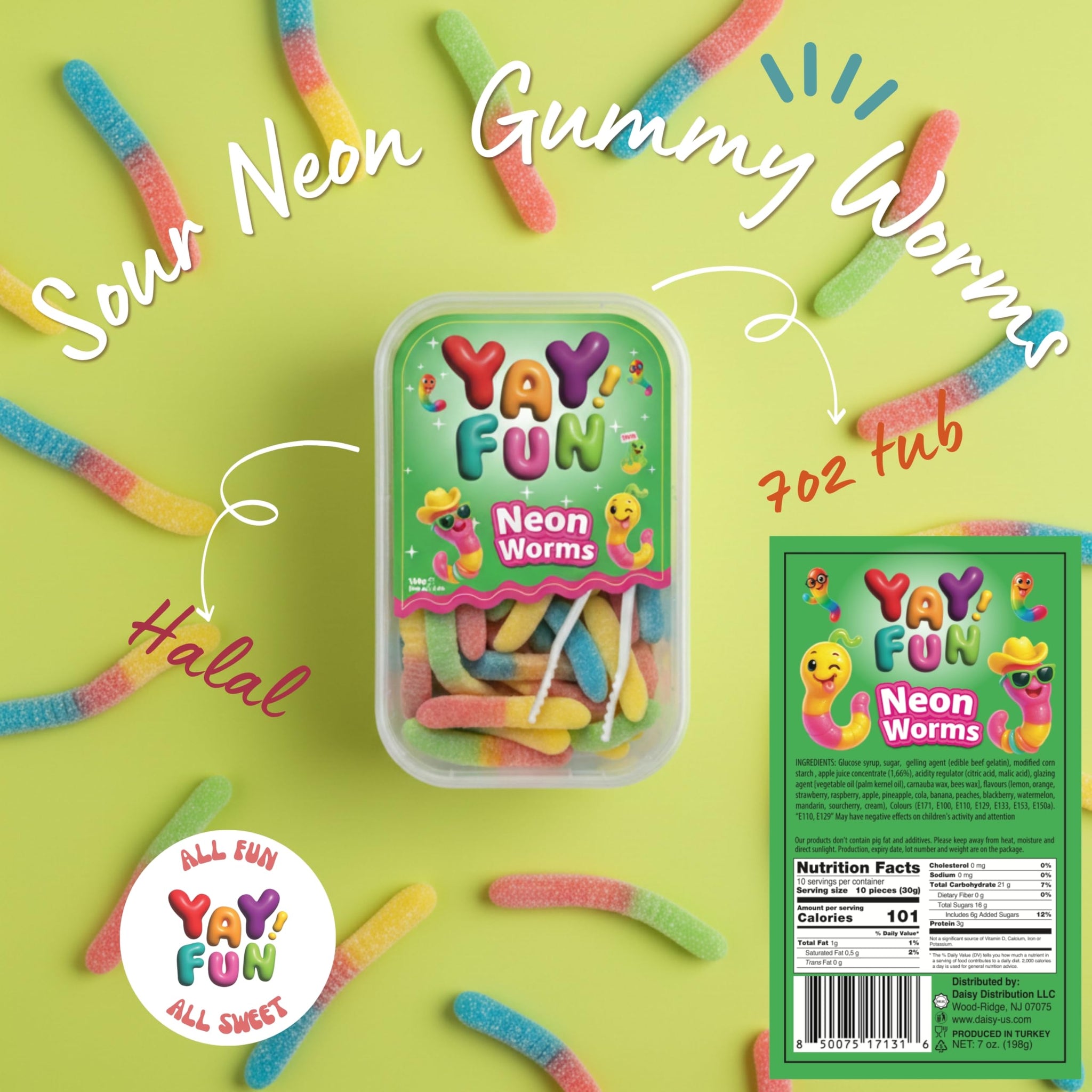 Halal Sour Neon Gummy Worms | 6 Pack Bundle (6x7 oz Tubs) | Chewy Sour Neon Color Worms | Resealable Tubs in Bulk with Display Box | Halal Bulk Sour