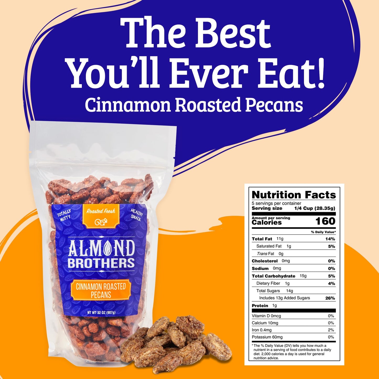 Almond Brothers Cinnamon Roasted Pecans - 2 lb Bag - Hand Crafted Cinnamon Candied Pecans - Gluten-Free, Non-GMO