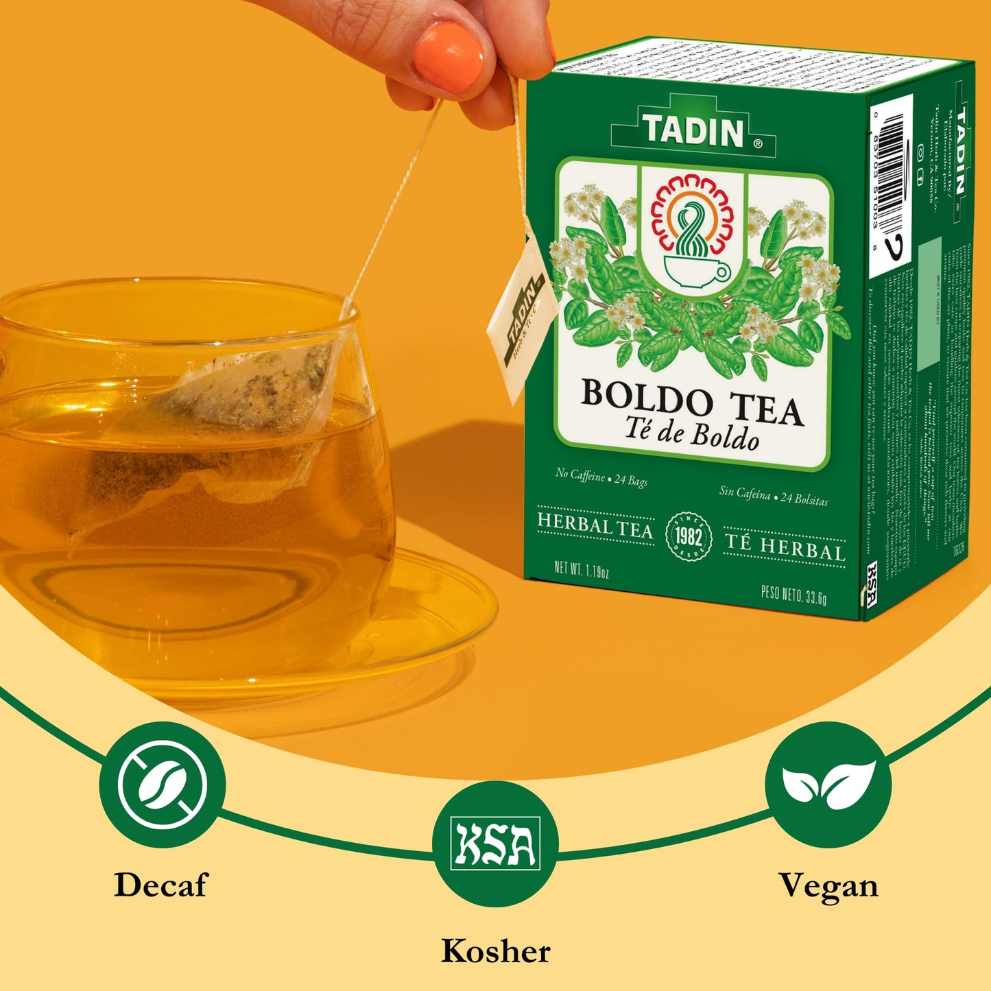 Tadin Boldo Tea, Herbal Tea, Caffeine Free, 24 Tea Bags Per Box, Pack of 1