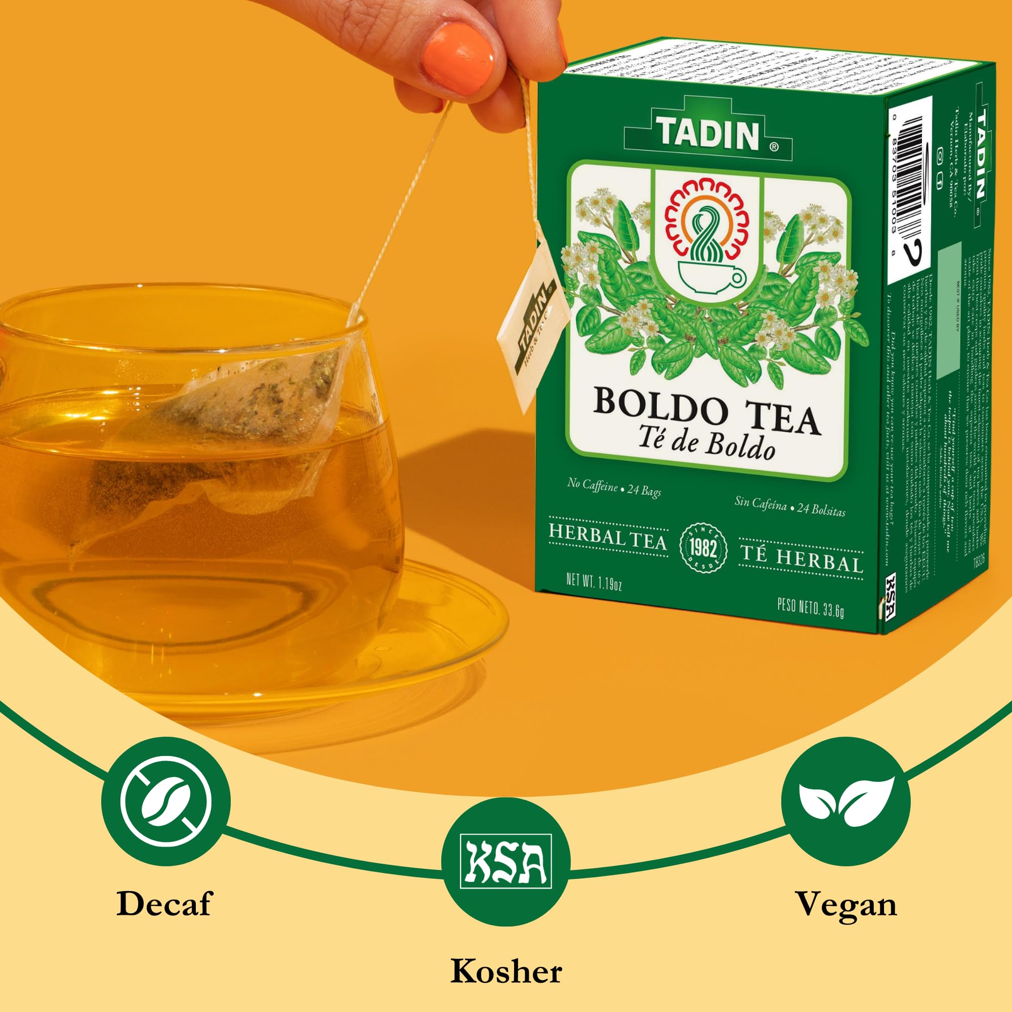 Tadin Boldo Tea, Herbal Tea, Caffeine Free, 24 Tea Bags Per Box, Pack of 1