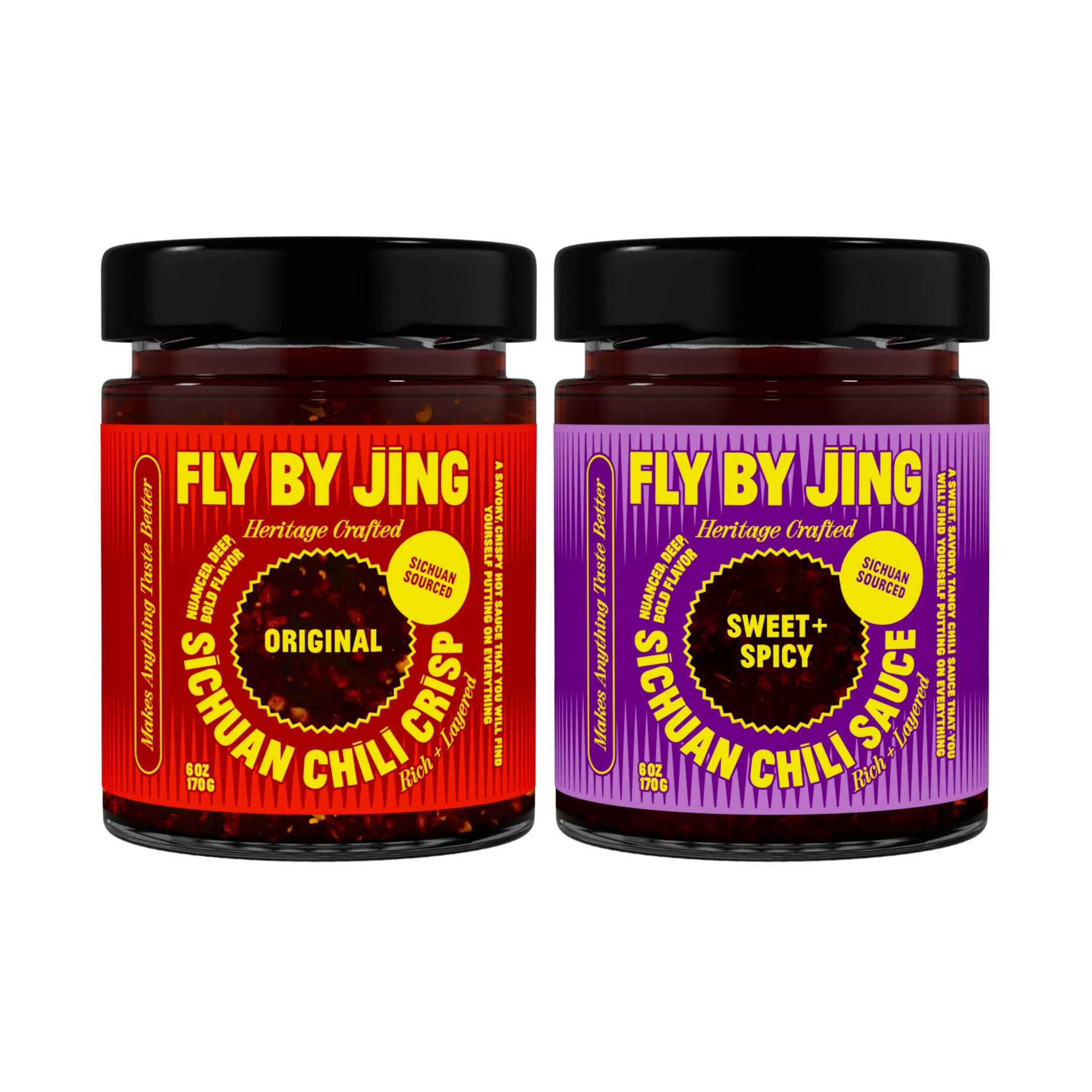 FLYBYJING Original & Sweet + Spicy Sichuan Chili Sauce Duo: Premium Chili Sauces Good on Noodles, Proteins, Veggies & Everything - Spicy, Savory