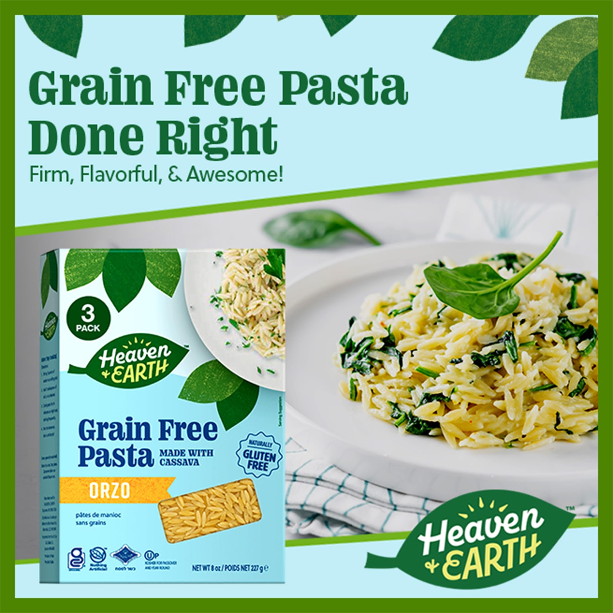 Heaven & Earth Grain Free Pasta, Cassava Orzo, 8oz (3 Pack) | Paleo Pasta | Vegan | Certified Gluten Free | Kosher for Passover