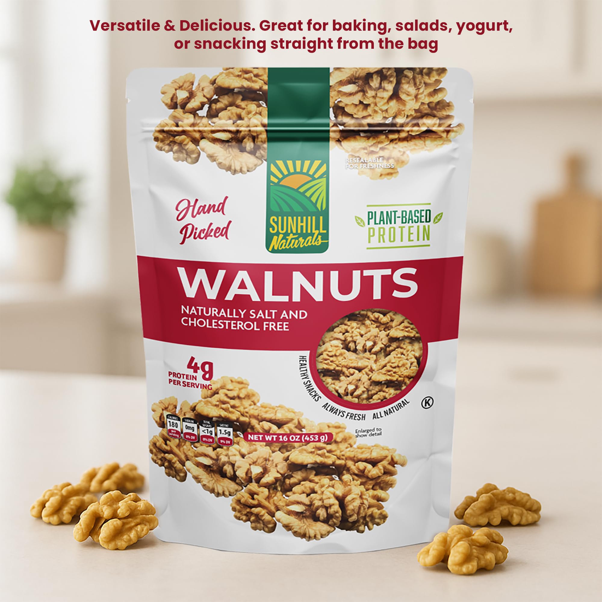 Sunhill Naturals Premium Raw Shelled Walnuts | Fresh Halved Unsalted Raw Chandler Walnuts for Smart Snacking | LHC | Light Halves
